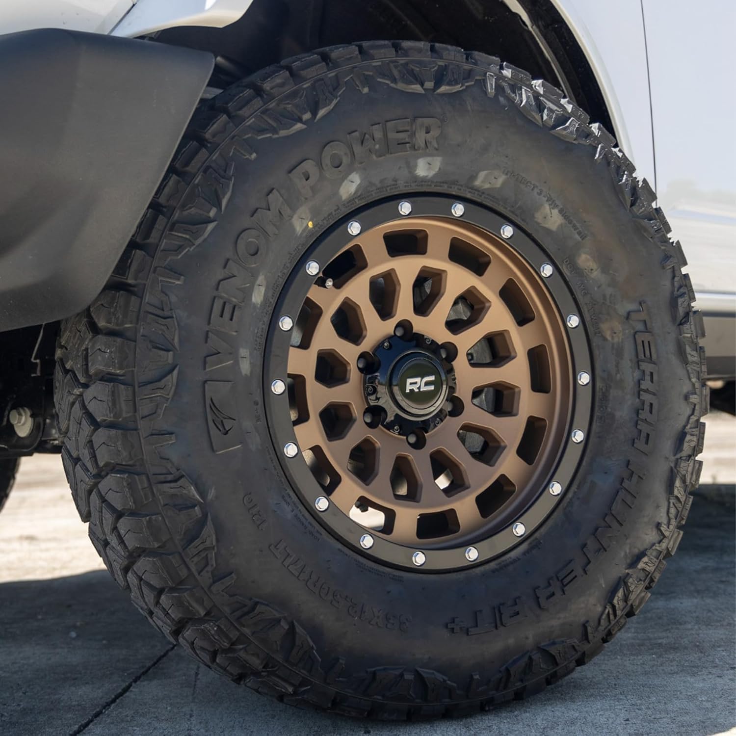 Rough Country 87 Series 17x8.5 Bronze Aluminum Wheel with Black Ring & Simulated Beadlock - 5x4.5 Bolt Pattern, +0mm Offset, Durable One-Piece Rim for Trucks & Jeeps