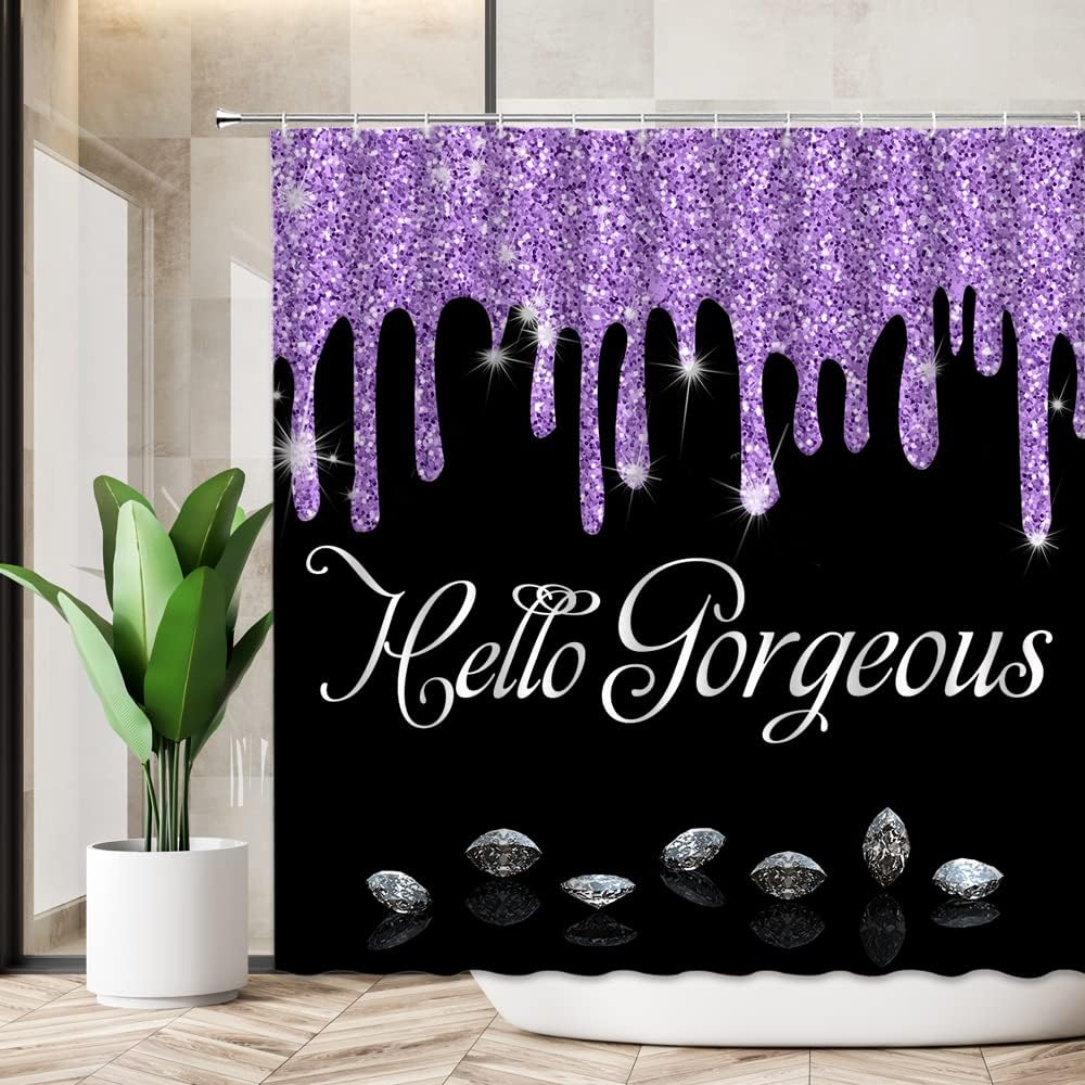 Hello Gorgeous Shower Curtain Purple Bling Glitter Diamond Modern Fashion Drip Romantic Elegant Lady Extra Long Bathroom Decor Curtain with Hooks,70W x84 H
