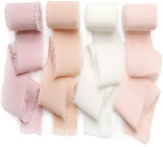 Handmade Fringe Chiffon Silk Ribbon 4 Rolls/1.5" x 5Yd Per Roll,Pink & Cream Frayed Edges Ribbons Set (1.5" x20Yd, Pink&Cream)
