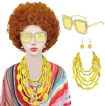 Red Orange Cosplay Wig with Necklace Earrings and Sunglasses for Women Short Curly Reddish Wig for Landlady Costume Heat Resistant Synthetic Hair with Cap Yellow