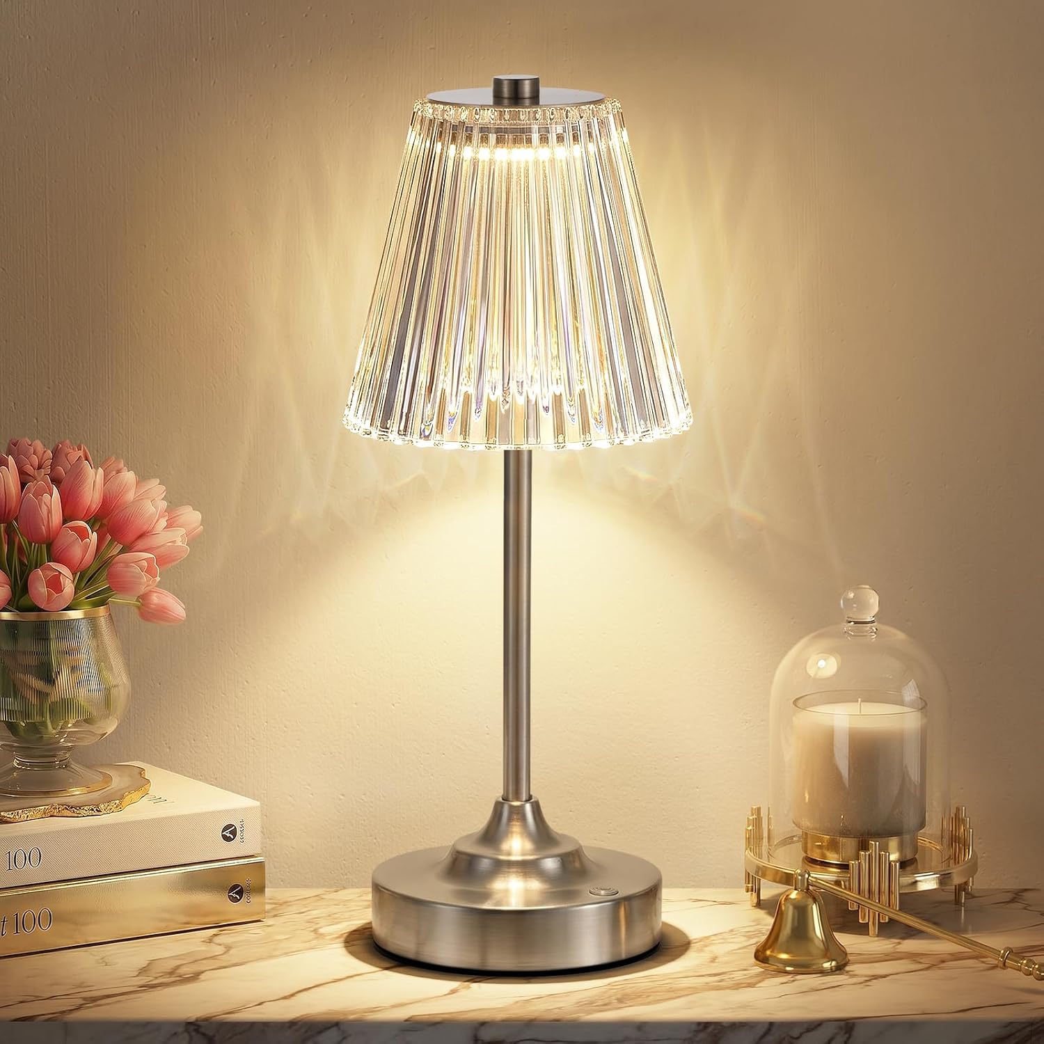 Silver Cordless Rechargeable Table Lamp, Touch Battery Powered Lamp, 3 Color Modes, Crystal Acrylic Lampshade, Portable Ambient Night Light for Desk, Bedroom, Living Room, Dining Room, Kitchen, Bar