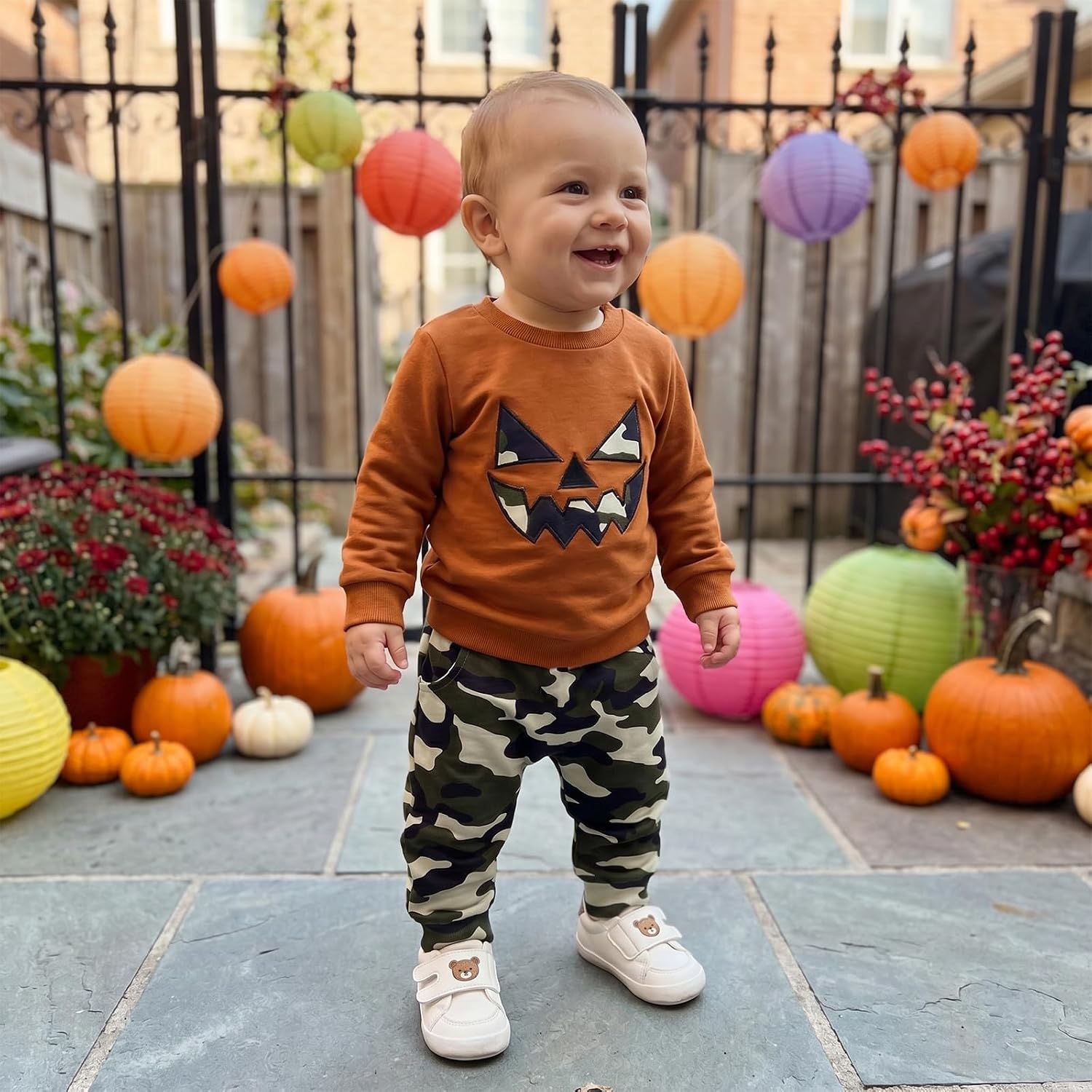 Toddler Baby Boy Halloween Outfit Camouflage Pumpkin Patch Sweatshirt Camo Joggers Fall Winter Clothes