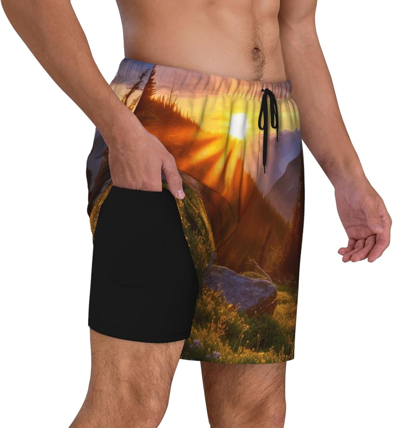 Men's Swim Trunks 2 in 1 Quick Dry Bathing Suits Rocky Mountain Sunset Sunshine Beach Board Shorts Swimwear