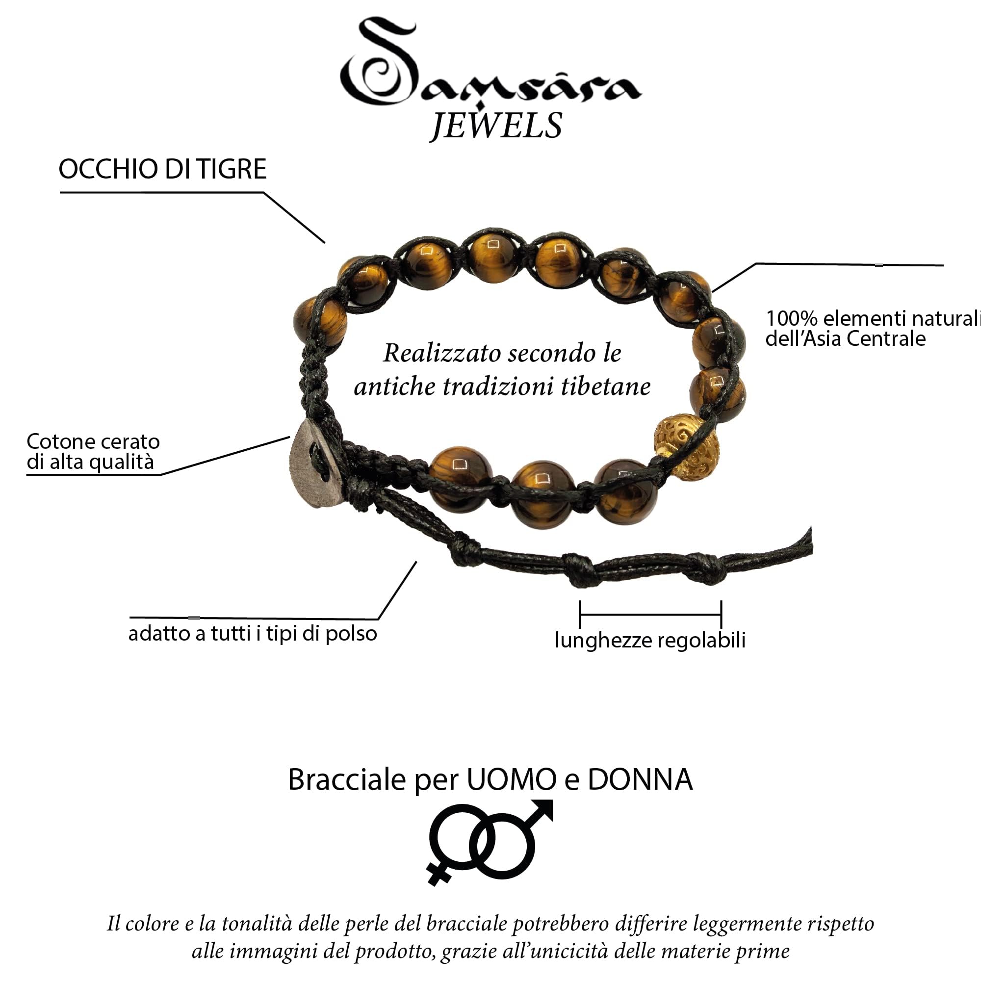 Samsara Bracciale Tibetano Buddista - shamballa con pietra Occhio di Tigre - Filo in cotone cerato nero