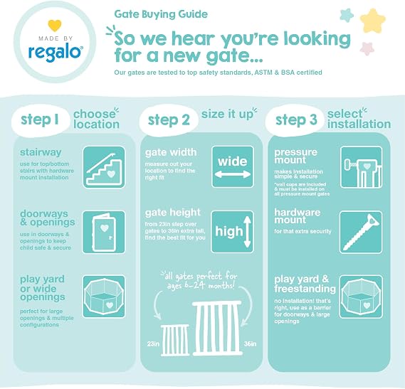Regalo Safety 29-43 Top of Stairs Baby Gate, Extra Wide Baby Gate, Extra Wide Hardware Mounted Stair Gate with Banister & Wall Mount Kit, Walk-Through Safety Gate with Door for Toddlers & Pets