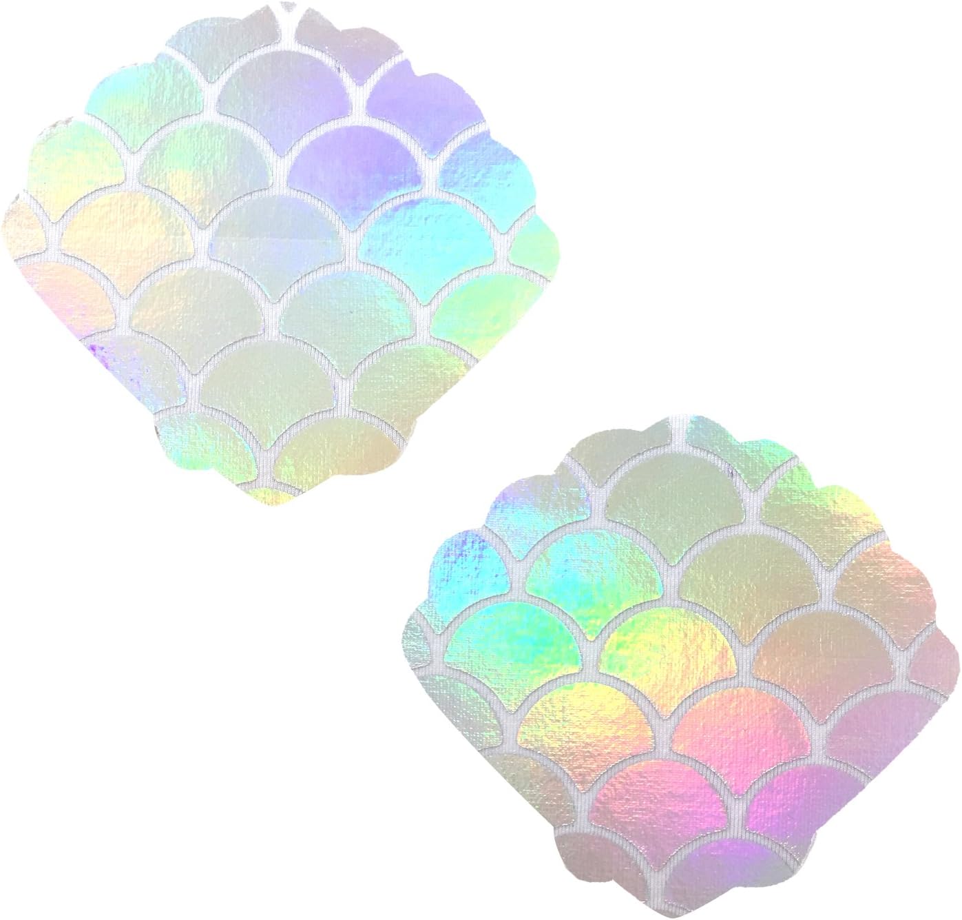 Neva Nude Mystical Iridescent Mermaid White Shell Nipztix Pasties Nipple Covers for Festivals, Raves, Parties, Lingerie and More, Medical Grade Adhesive, Waterproof and Sweatproof, Made in USA