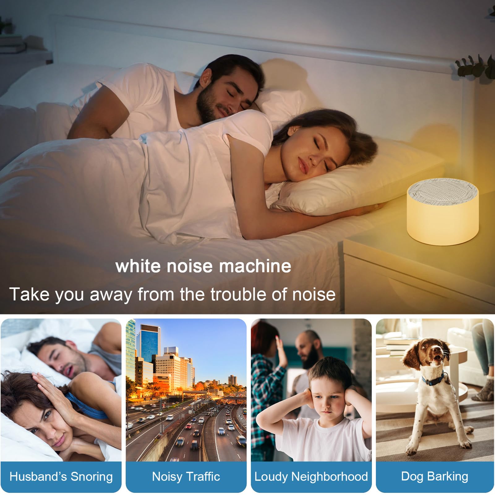 Máquina para Dormir con Ruido Blanco, Sonido con 14 Pistas de Alta fidelidad, Luces Ajustables, Rejilla metálica táctil, Temporizador y Memoria, para bebés y Adultos.