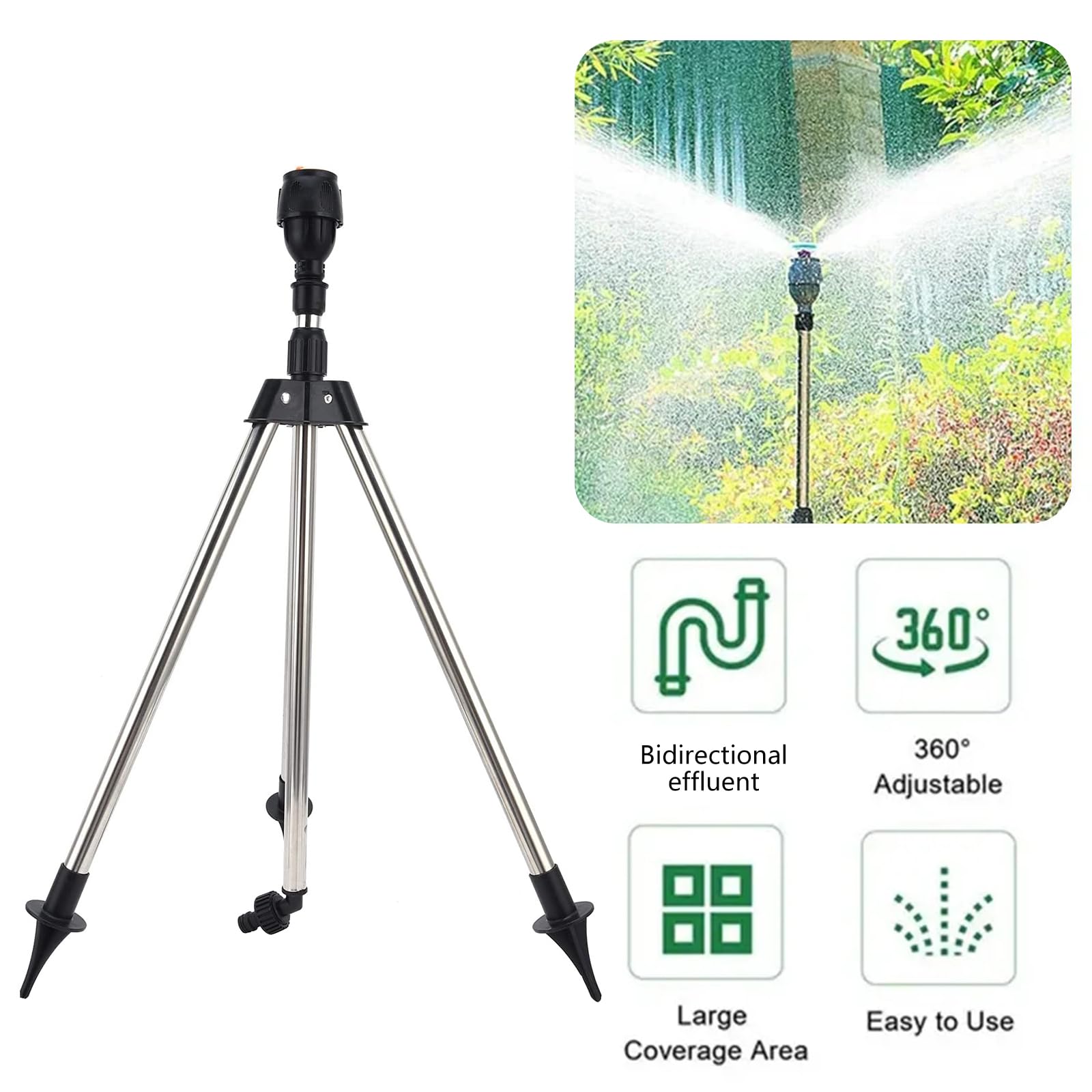 Garten Sprinkler, Rasen Stativ Sprinkler mit 360-Grad-Drehung, Edelstahl Rasensprenger Teleskop Stativregner für Große Flächen, Tripod + Sprinkler Automatisches Bewässerungssystem für Hof, Haushalt