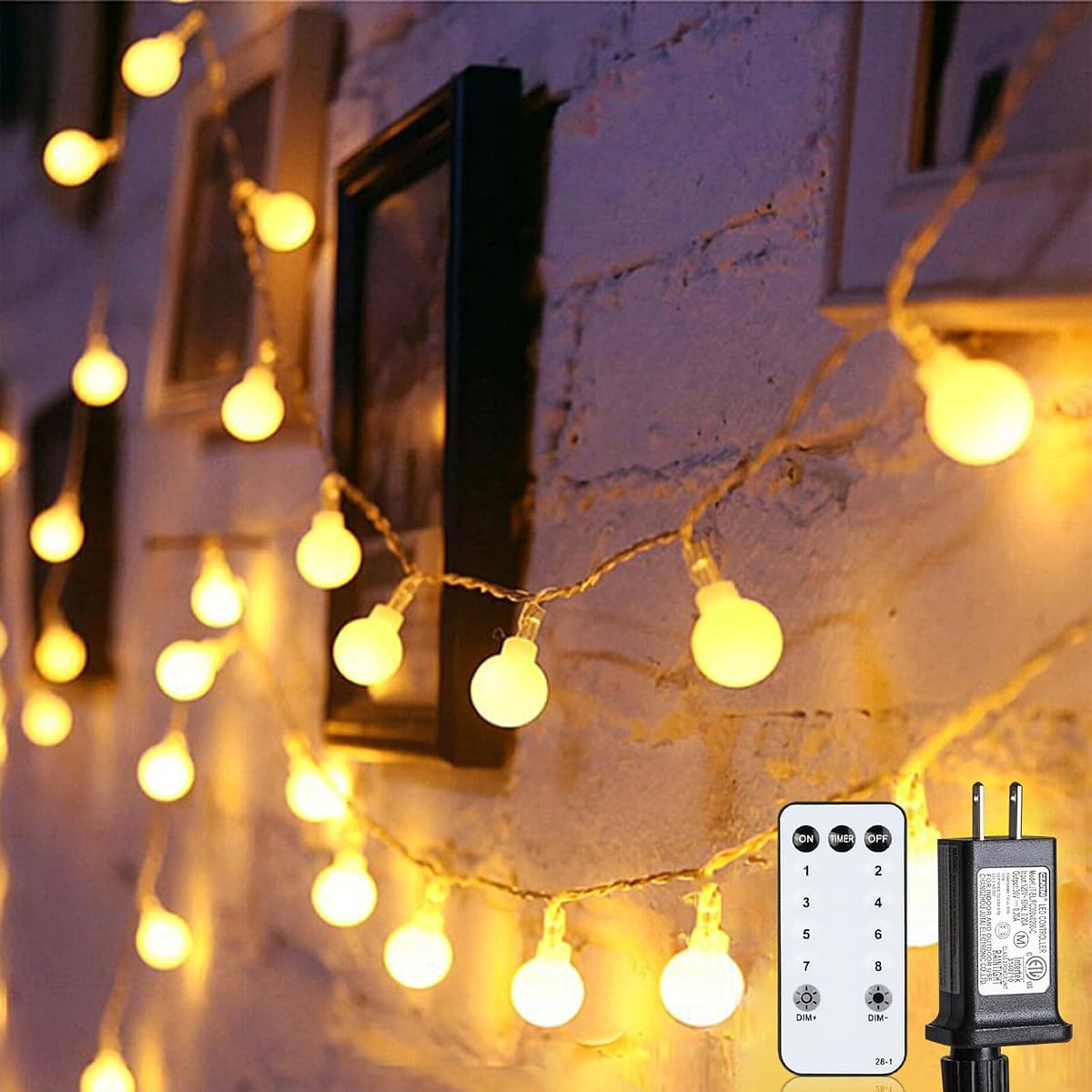 Guirnalda de luces tipo globo de 43 pies, 100 luces LED enchufables con temporizador remoto, 8 modos de luz parpadeante conectable para dormitorio, aula, boda, Navidad, decoración interior y exterior, blanco cálido