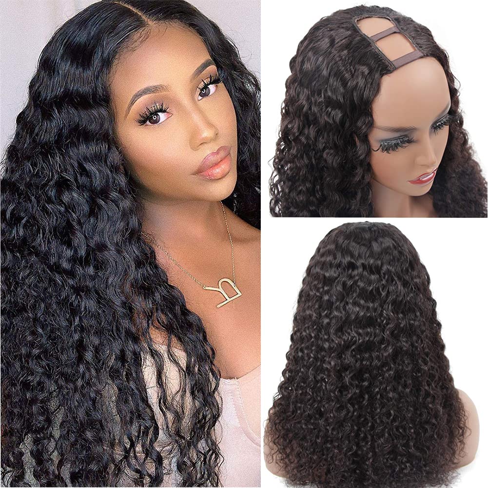 YAREESONG U Part Wigs Human Hair Wigs for Black Women Brazilian Deep Curly Human Hair Wigs Glueless Full Clip in Half Wig U Shape Wig 150% Density Natural Color (16 Inch U Part Deep Wave Wig)