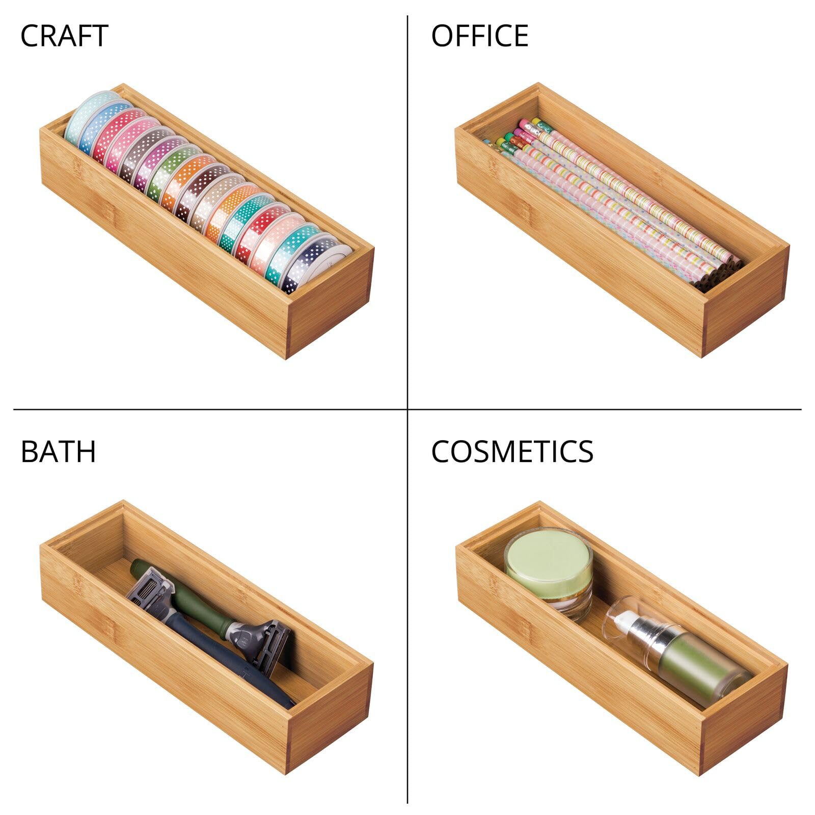 mDesign Set da 6 organizer ufficio larghi – Pratico contenitore ufficio in bambù per evidenziatori, promemoria e cancelleria – Organizer scrivania perfetti come divisori cassetti – naturale
