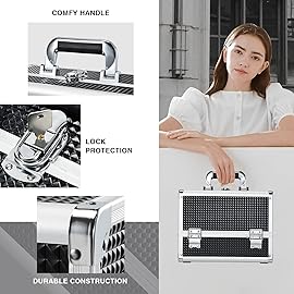 Joligrace Makeup Train Case Makeup Case 3-Tray Cosmetic Box with Mirror, Shine Black, 11.8-in Large Makeup Box with Detachable Brush Holder, Lockable Portable Makeup Travel Organizer Case