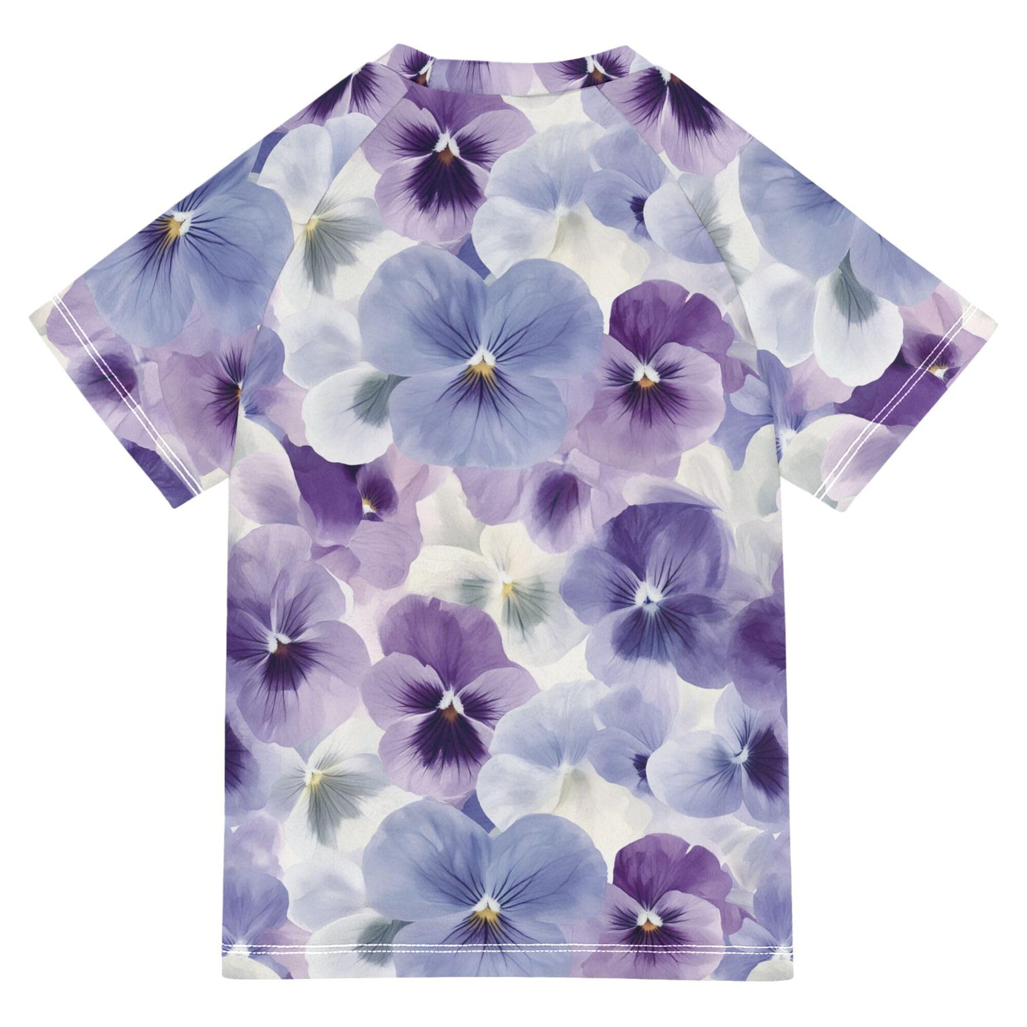 Beauty Spring Flowers Violet Girls Bathing Suit Sun Protection Kids Rash Guard Swim Girls Swimwears Football Sports Shirt for Big Boy 7-8Y