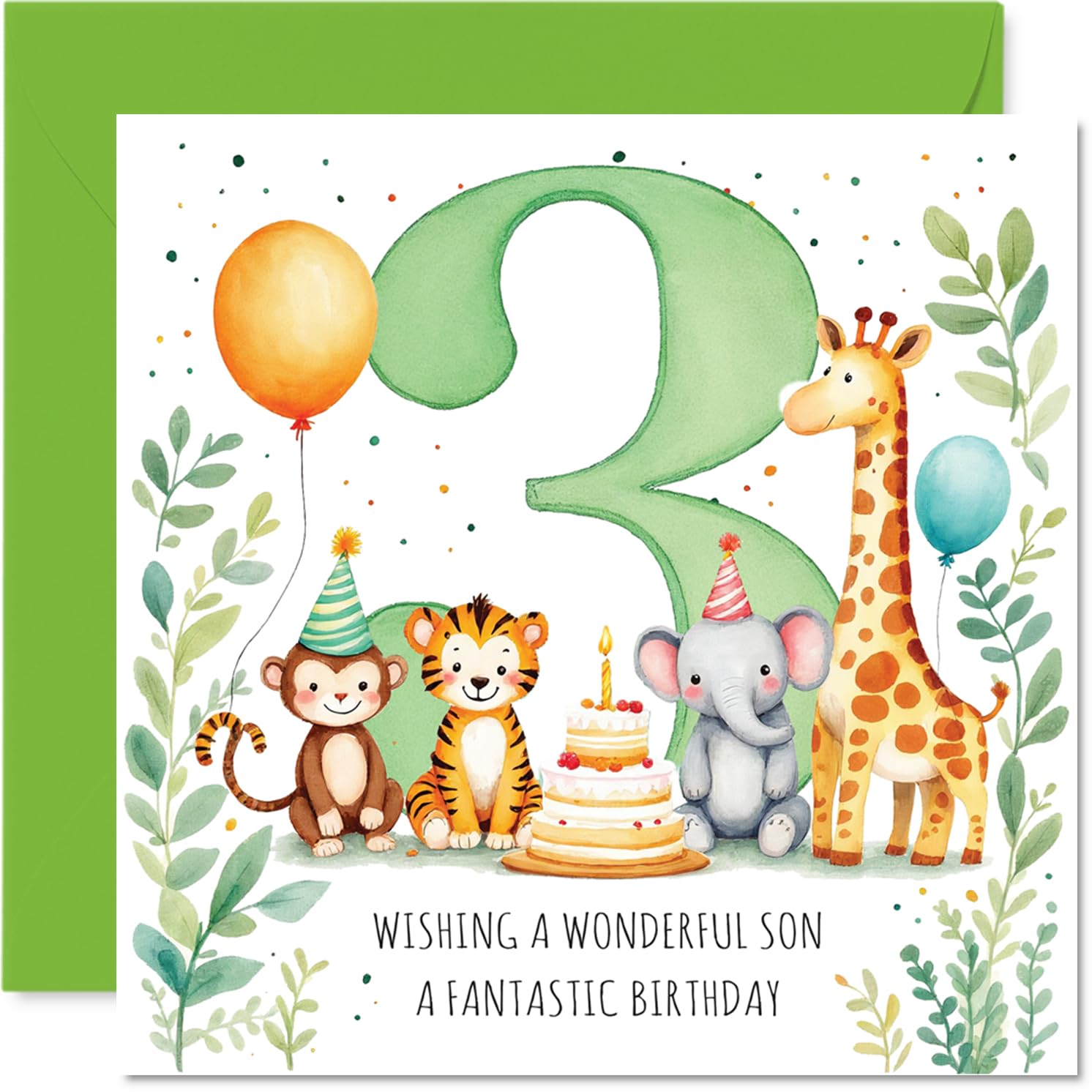 Playful 3rd Birthday Card for Son - Bursting with Birthday Cheer - Adorable Animals, Big Number Three and a Cake - 145mm Square, Envelope Included