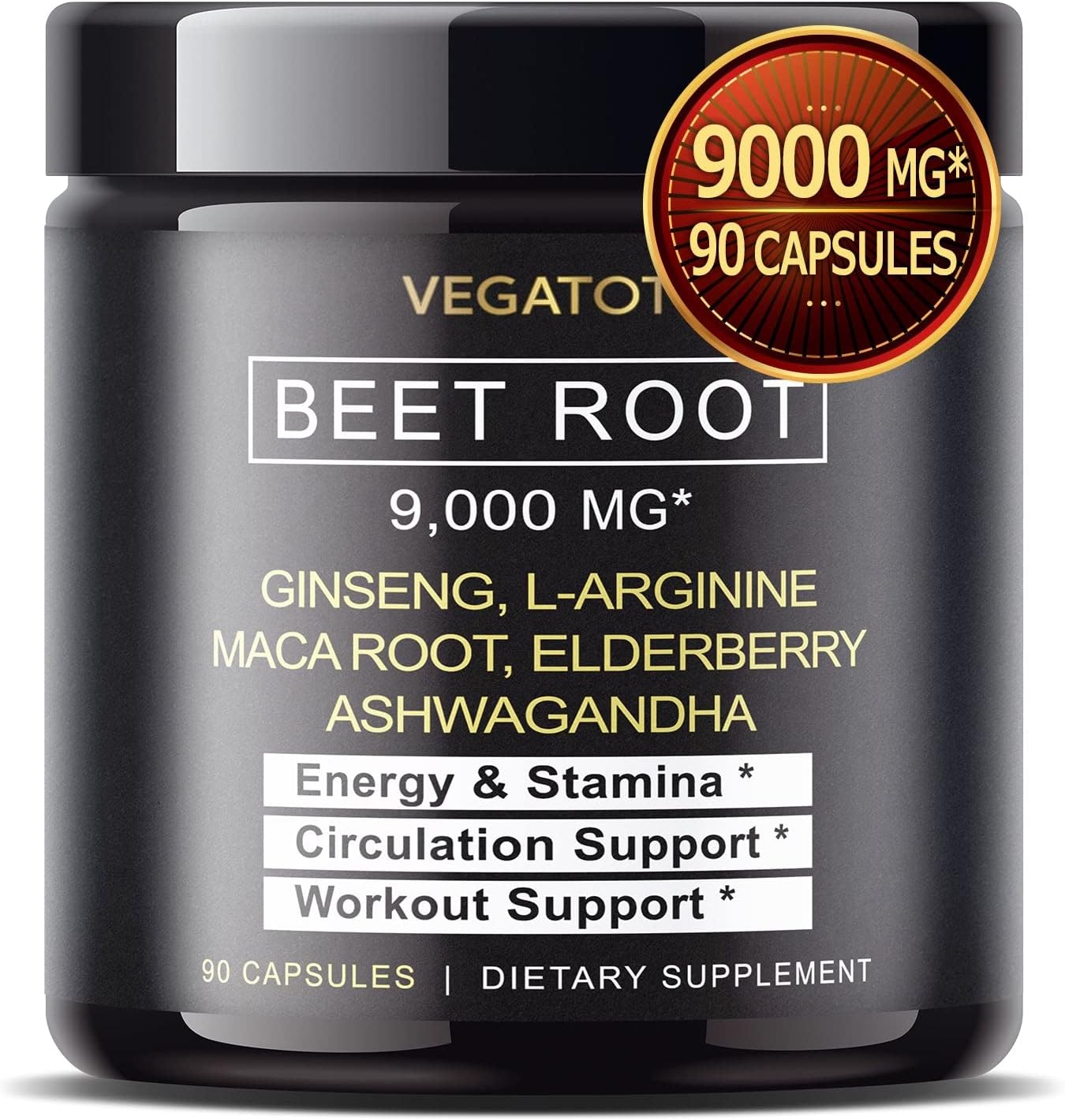 VEGATOT Beet Root 𝟵,𝟬𝟬𝟬𝗠𝗚 *USA Made and Tested* Concentrated Extract with Ginseng L-Arginine Maca Root Spinach Ashwagandha - Energy Stamina Cardiovascular Immune Support