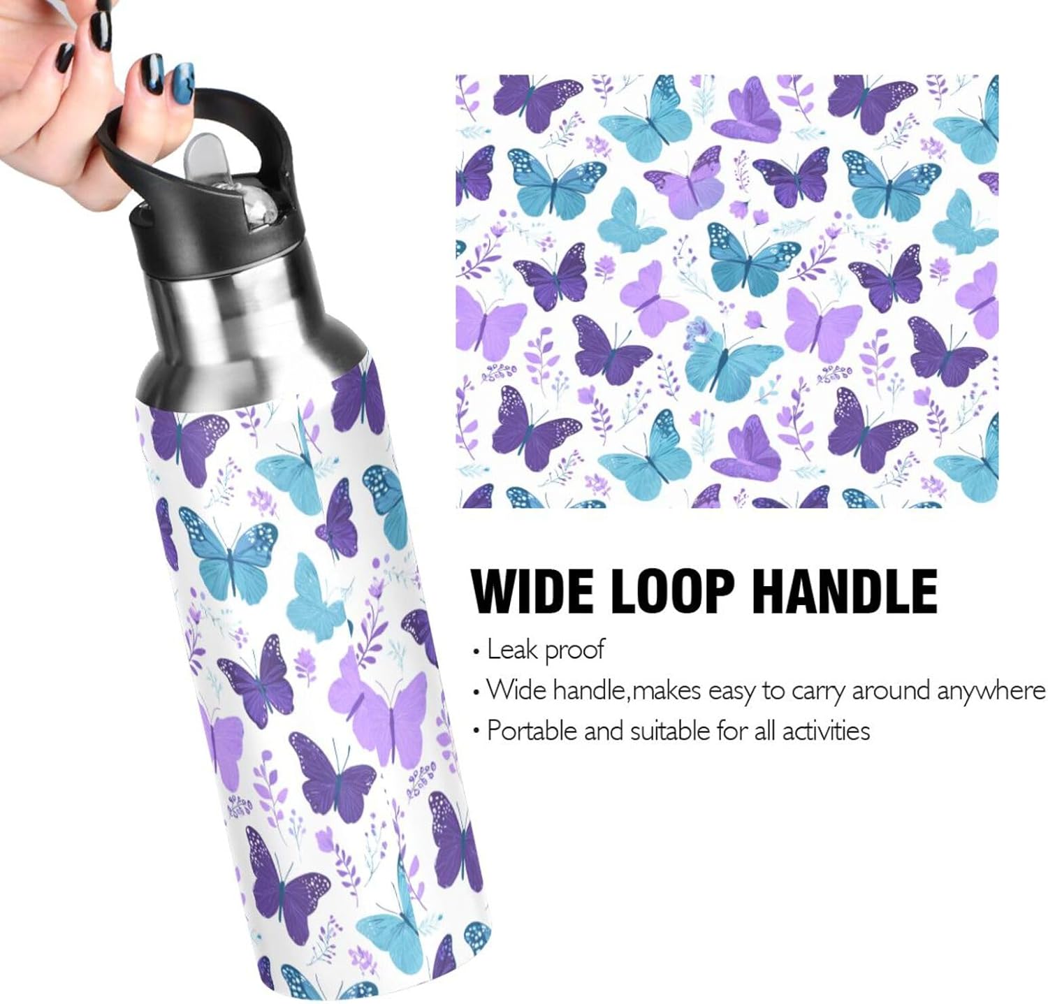 Kcldeci 34 oz Stainless Steel Water Bottle with Straw,Purple Blue Butterfly Vacuum Insulated Leak-Proof Sports Water Bottle for Travel