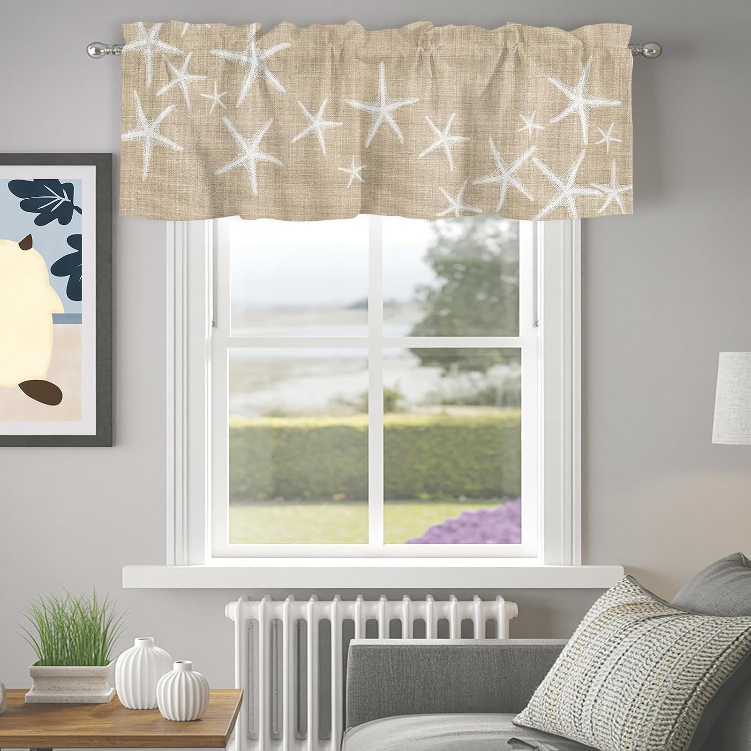Summer Ocean Starfish Valances for Windows, Rod Pocket Window Valance Curtain, Marine Life Linen Texture Light Filtering Short Curtain for Kitchen, Bathroom, Bedroom, 54x18 in