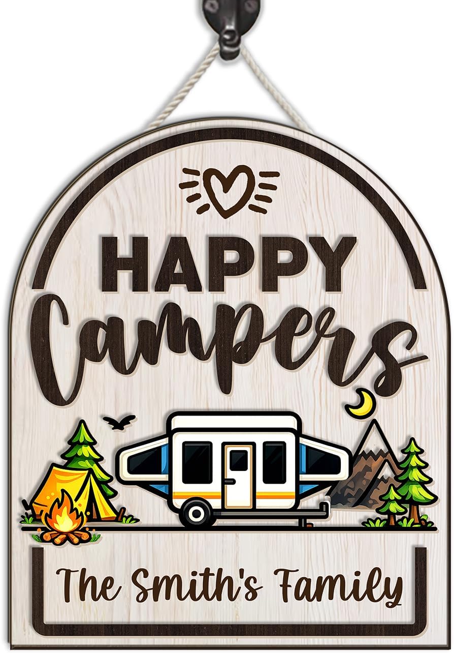 Happy Campers Wooden Hanging Sign Plaque, Pop Up Camping Decor for Camper, Campfire Tent Pop-Up Camper Camping Wall Art for Campers, Campsite Decor, Campings Lovers Gift Ideas, Travel Home Decor