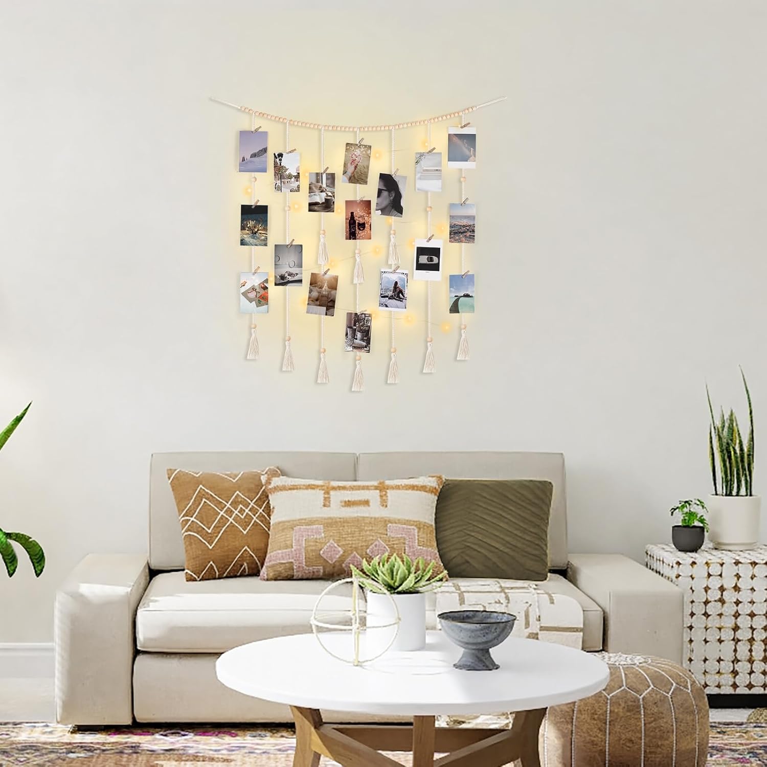 Mkono Macrame Hanging Photo Display Wall Decor with String Lights Boho Room and Macrame Hanging Shelf Boho Wall Decor 2 Tier Handmade Cotton Rope Rustic Wood Floating Shelves