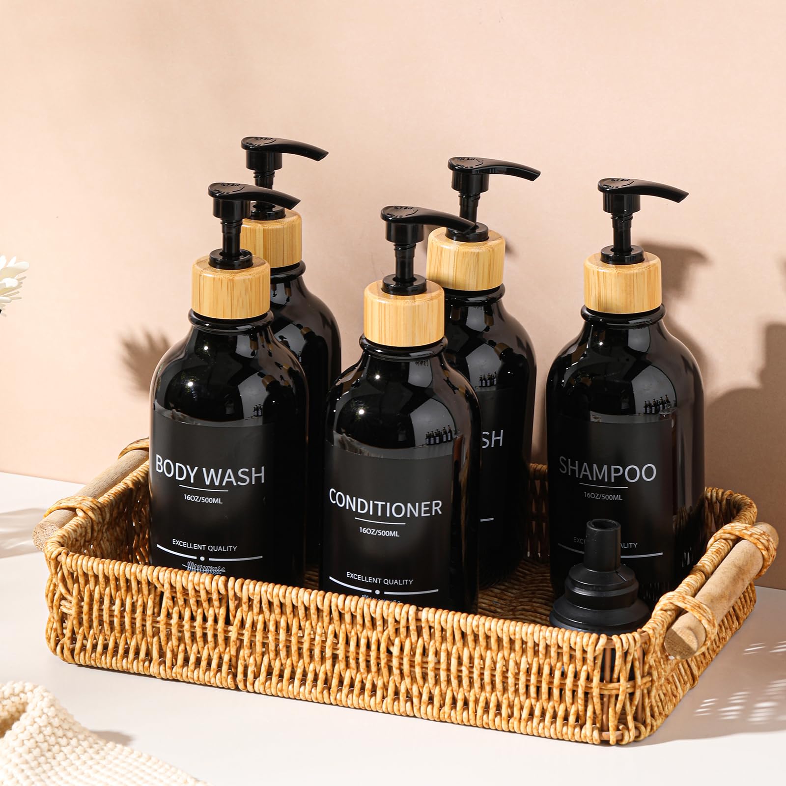 Paquete de 5 botellas dispensadoras de champú y acondicionador, recargables de 16.9 onzas, juego dispensador de champú de baño negro
