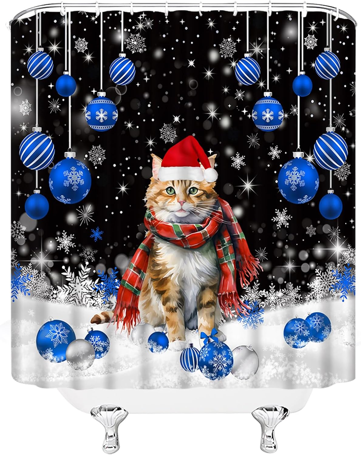 Christmas Cat Shower Curtain Merry Christmas Cute Animal Cat Kitten Xmas Ball Snowflake Winter Holiday Fabric Bathroom Decor Curtain with Hooks,70Wx96H Inches