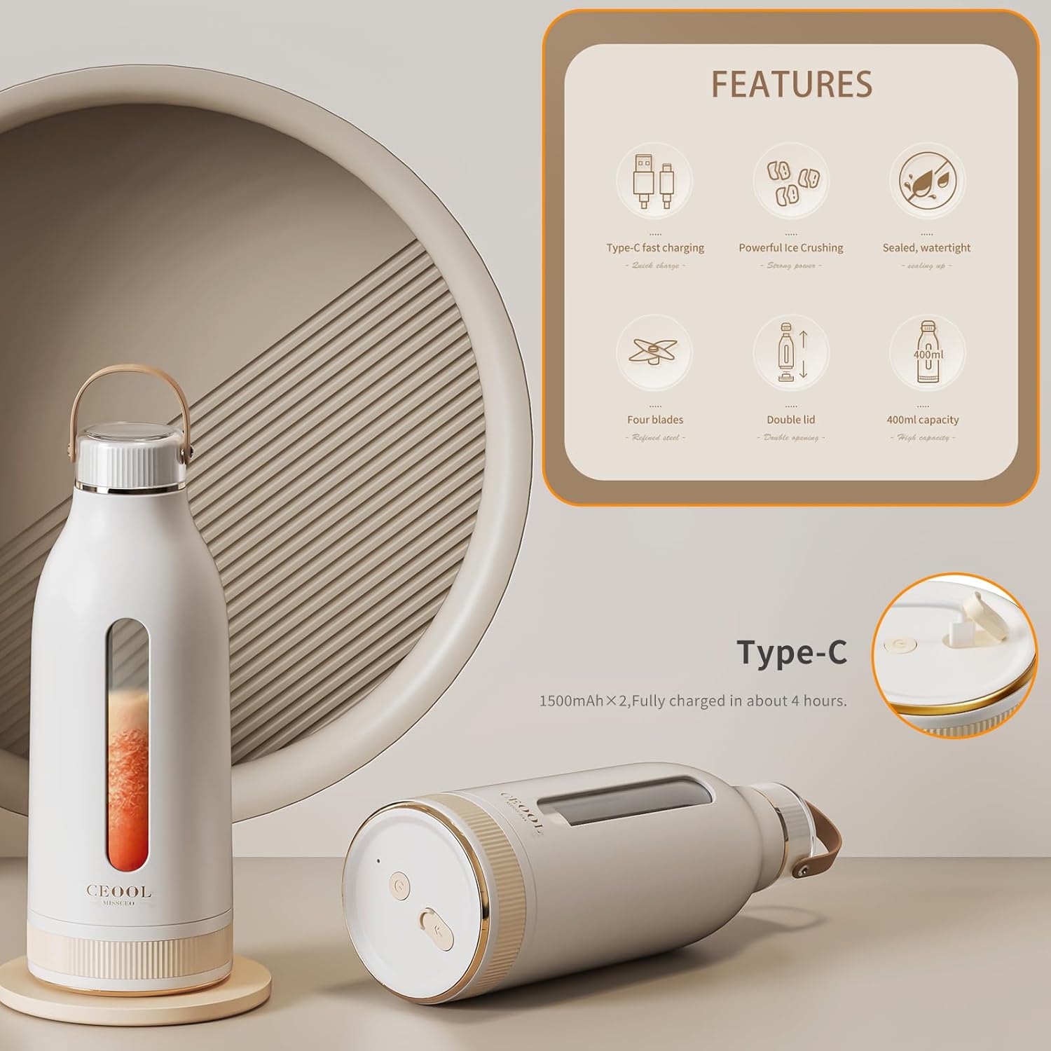 Rechargeable Personal Blender - 85W High-Speed 8-Blade Portable Smoothie Maker, USB-C 350ML BPA-Free Tritan Cup, One-Touch Auto Clean, for Fresh Juice & Shakes at Home or Travel