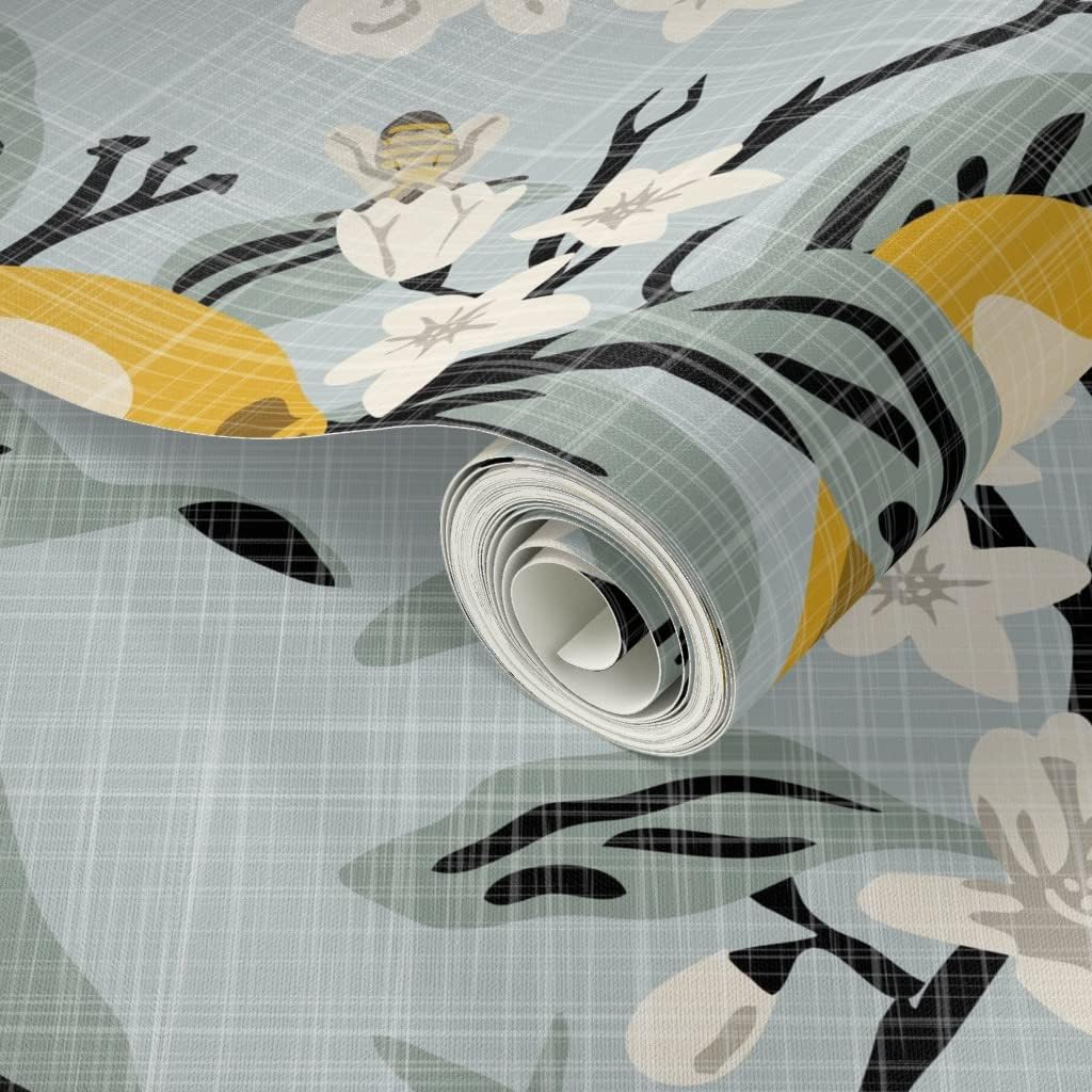 Spoonflower Peel & Stick Wallpaper 3ft x 2ft - Bees Lemons Texture Large Black Nature Fruit Citrus Novelty Traditional Kitchen Custom Removable Wallpaper