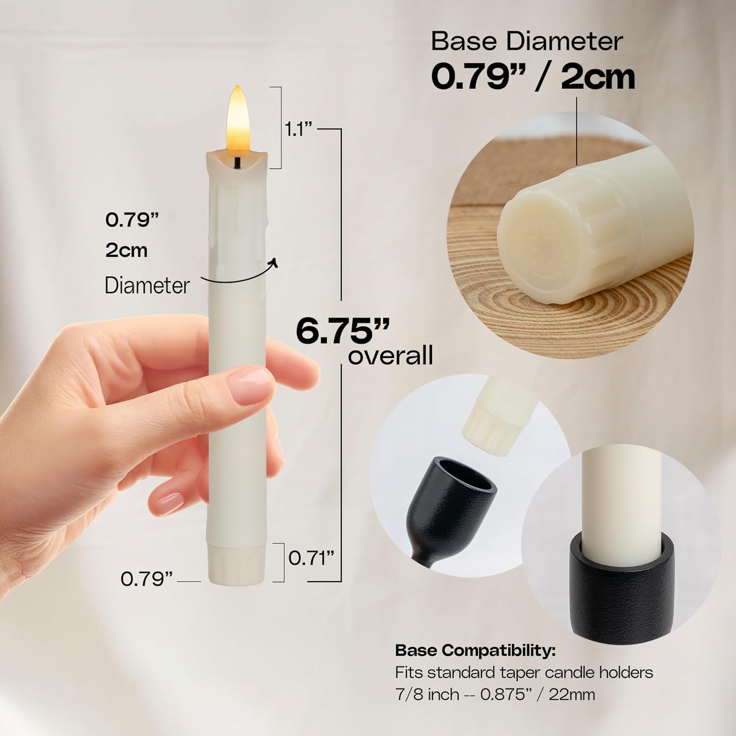 6.7" Short LED Dripping Wax Taper Candles – Antique Gothic Flameless with Flickering Flame, Fits Menorahs, Candelabras & Chandeliers, Battery Operated, Remote Controlled (12-Pack, Ivory)