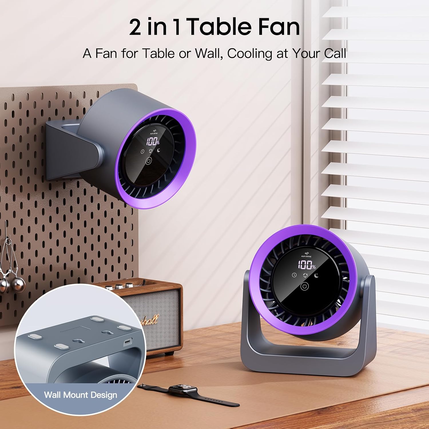2026 Desk Fan, Turbo Table Cooling Fan for Bedroom, 100 Speeds Digital Display, 30dB Ultra Quiet, 360° Adjustable Tilt, 5.9", Rechargeable, Wall Mountable Design for Home, Desktop, Office, Travel