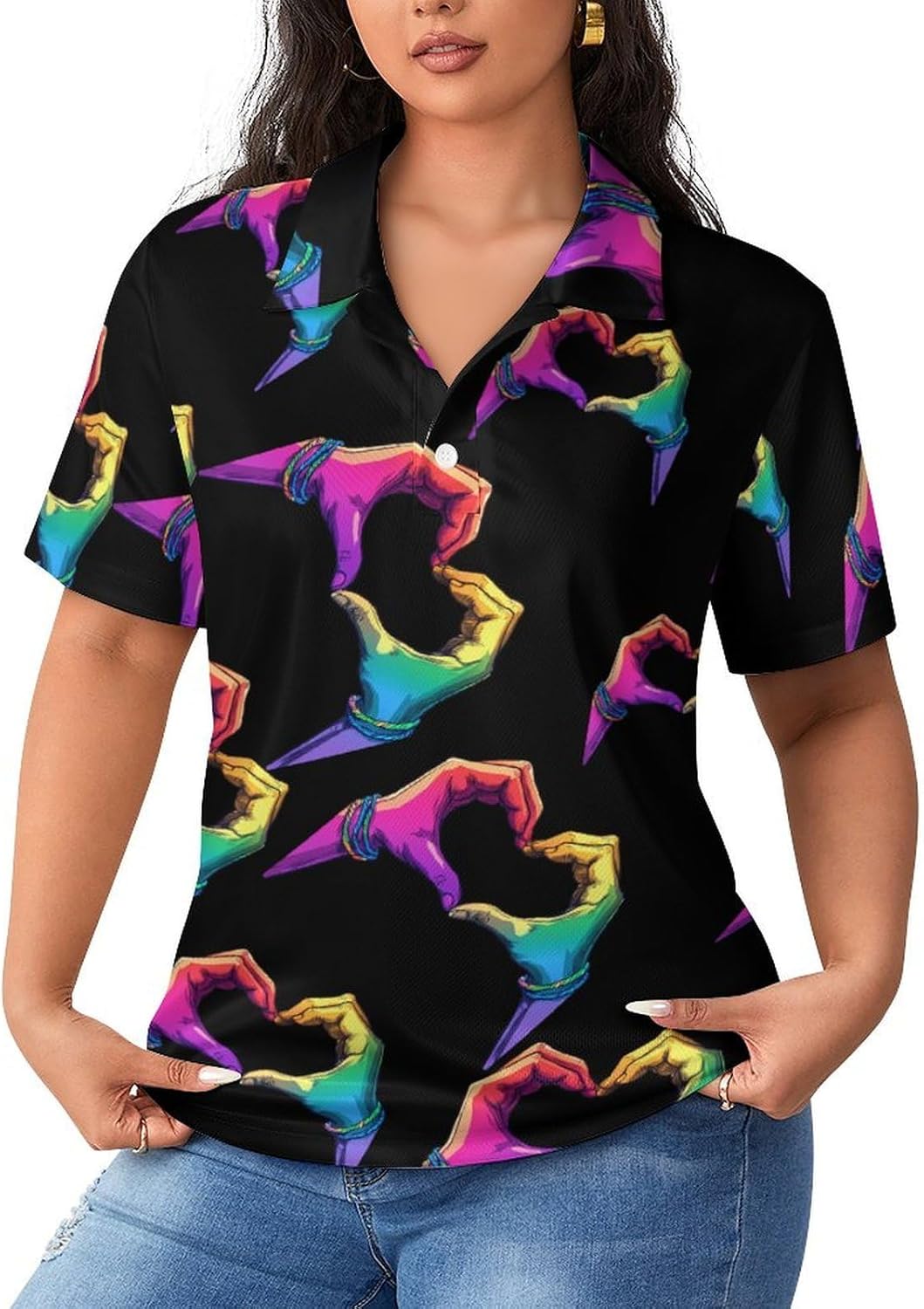Rainbow Hands Heart Womens Golf Polo Shirts Summer Short Sleeve Collared 3 Buttons T Shirt Activewear Tops