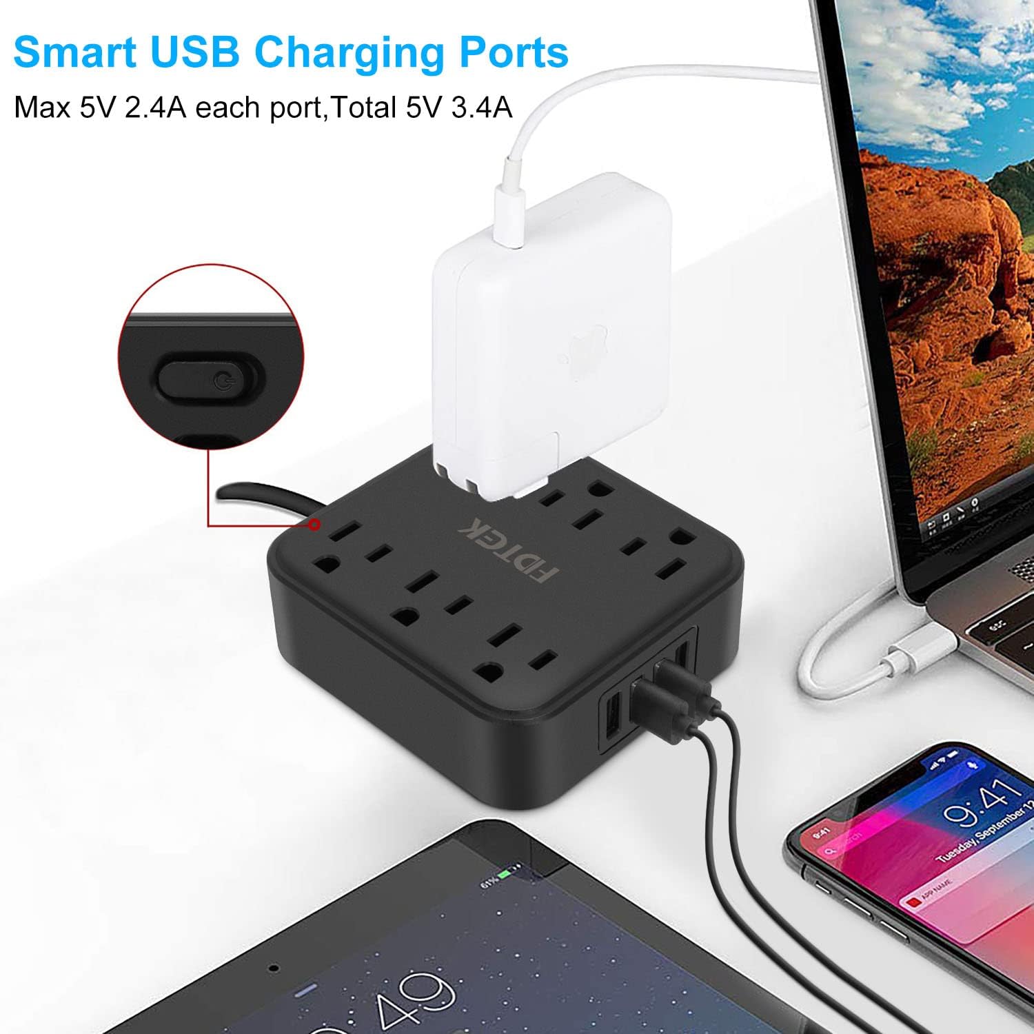 2 Prong Power Strip with 4 USB Ports and 6 AC Outlet, FDTEK 2 Prong to 3 Prong Outlet Adapter, Desktop Charging Station with 5 ft 2 Prong Extension Cords, Ideal for Non-Grounded Outlets, Black