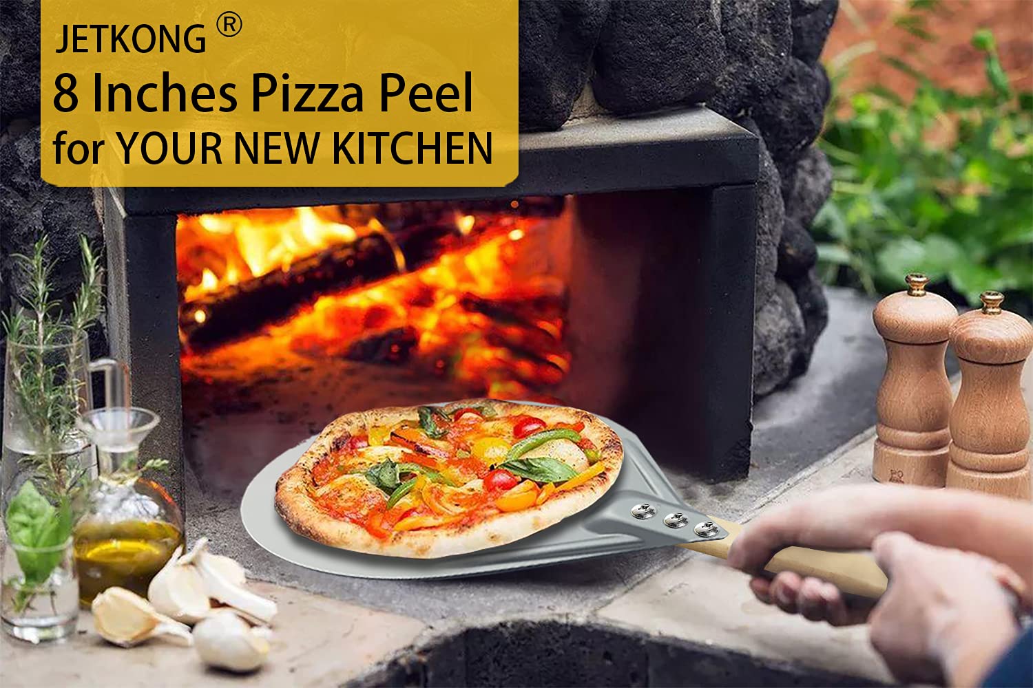 JETKONG Pizza Turning Peel - 8 Inch Perforated Aluminum Pizza Paddle With Wooden Handle