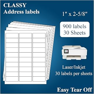 1" x 2-5/8" Address Labels, 900 Labels(30 Sheets)- for Laser/Inkjet Printer, Sticker Paper White 30 per Sheet