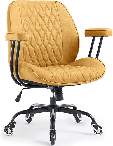 Miniatura 9 de Silla de escritorio de oficina en casa, silla moderna de piel sintética con soporte lumbar, silla ergonómica de computadora con respaldo medio,