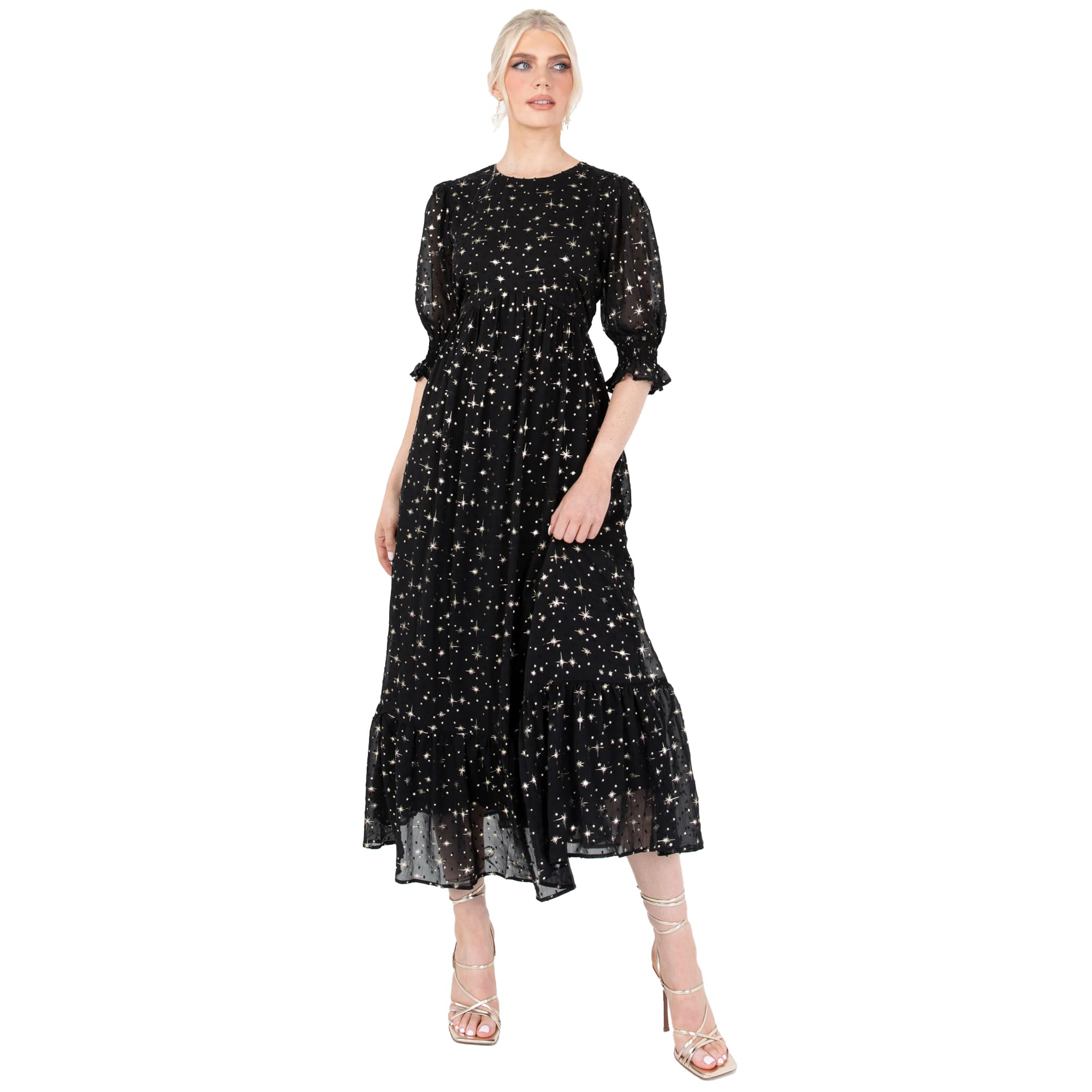 Lovedrobe Women's Midaxi Dress Ladies Puff Sleeve Round Neck Frill Tiered Hem Star Print Empire A-line for Party Cocktail Evening, Black, 14
