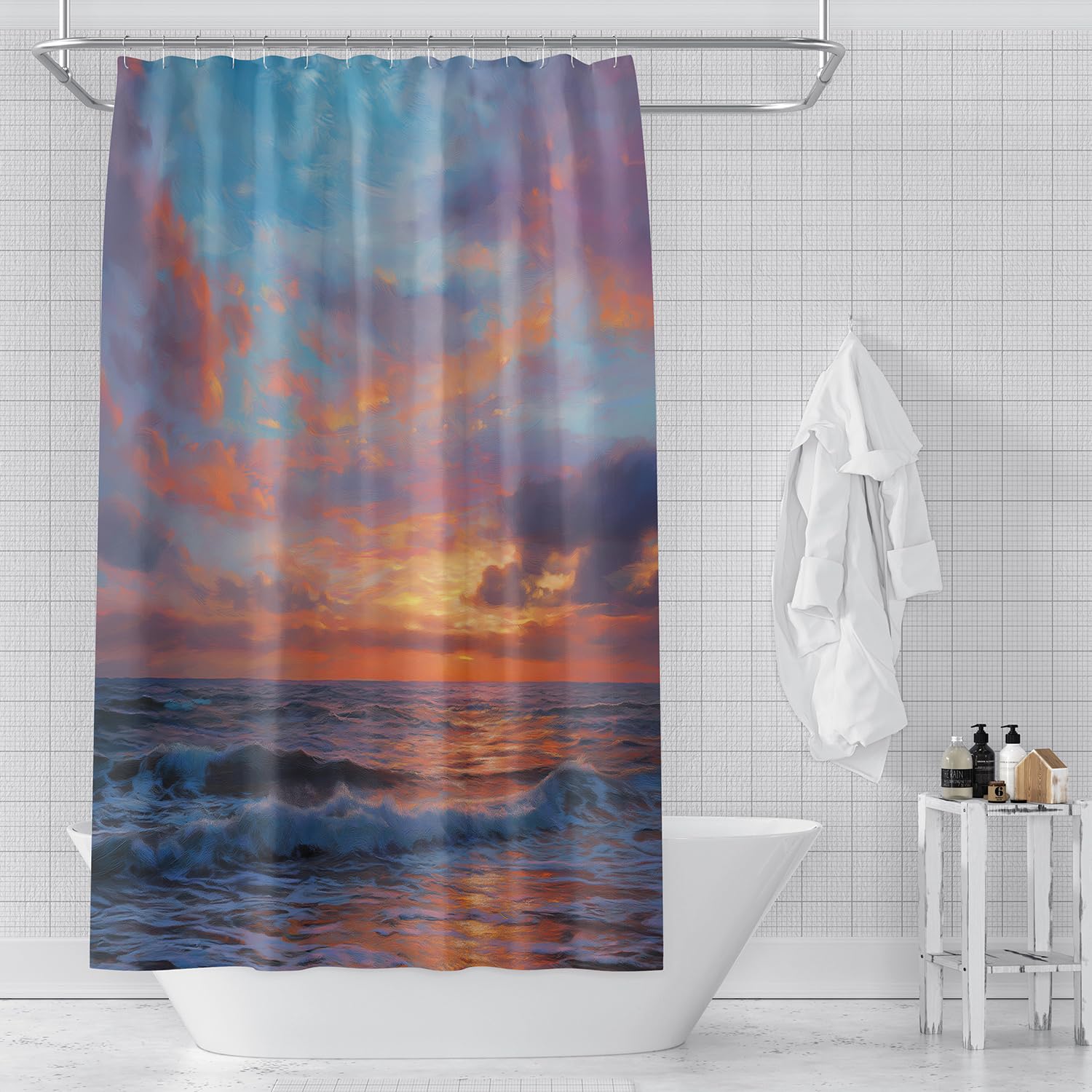 Cortina de Ducha con Diseño de Olas del Océano Bajo Un Cielo Azul y Naranja,Duradera y Lavable a Máquina para Baño de Hotel,200Anx200Alcm (1 Panel).