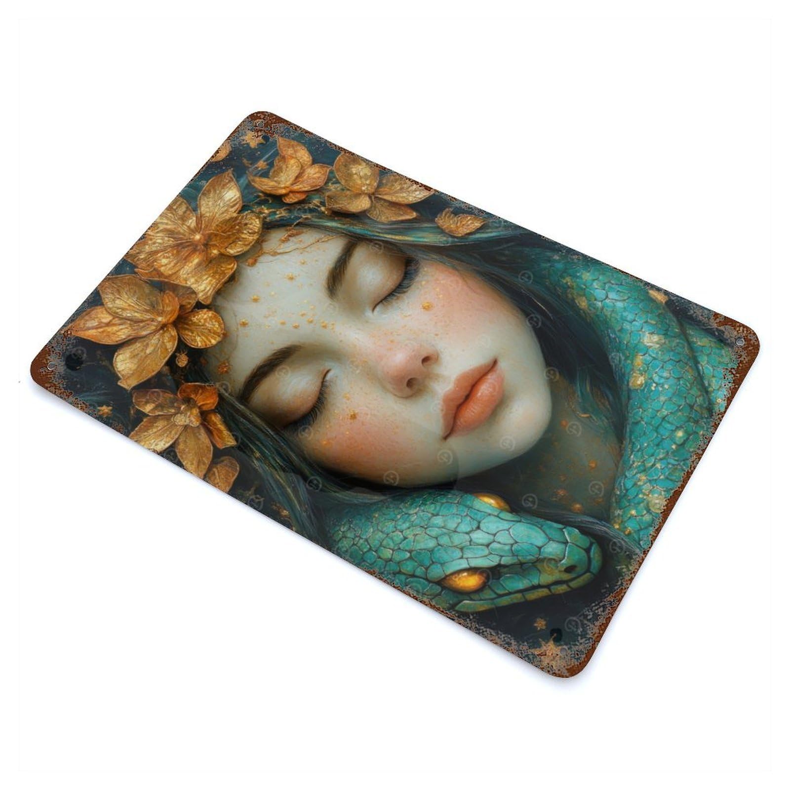 Vintage Rust Metal Sign Serene Woman with Snake 11.8"x7.9", Decorative Metal Wall Art for Basement, Hobby Room And Garage Decor