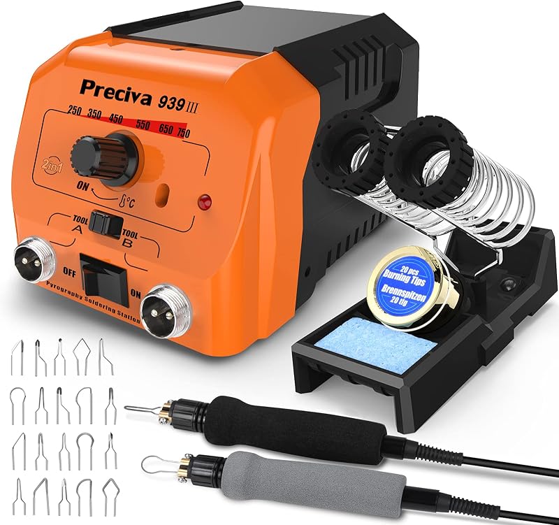 Preciva Wood Burning Kit with Two Handles, 40W 482-1382℉ Adjustable Temperature Wood Burning Tool Set, 20 Tips for Pyrography Wood Engraving Craft