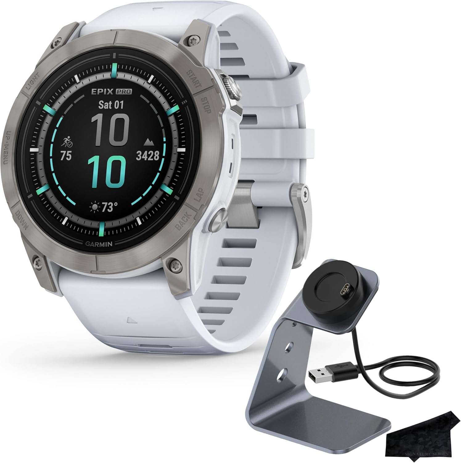 Garmin epix Gen 2 Pro Sapphire Edition, 51mm, Titanium/Whitestone | AMOLED Display, High Performance Smartwatch, Advanced Training Technology, Built-in Flashlight with Signature Charging Bundle