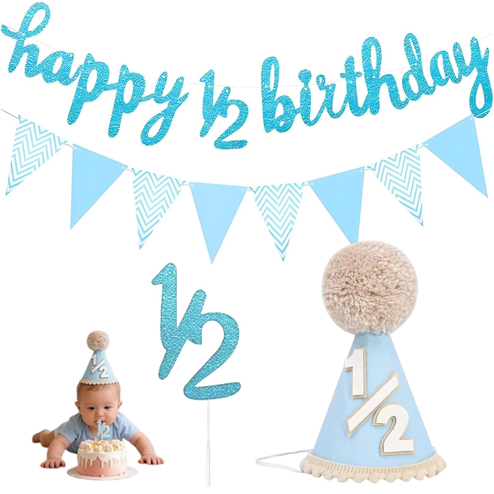 QhgPnt Half Birthday Decorations, 6 Months Birthday Decorations with Half Birthday Hat Banner, Blue 1/2 Birthday Hat with Elastic Band for Toddlers Boys Girls (Blue)
