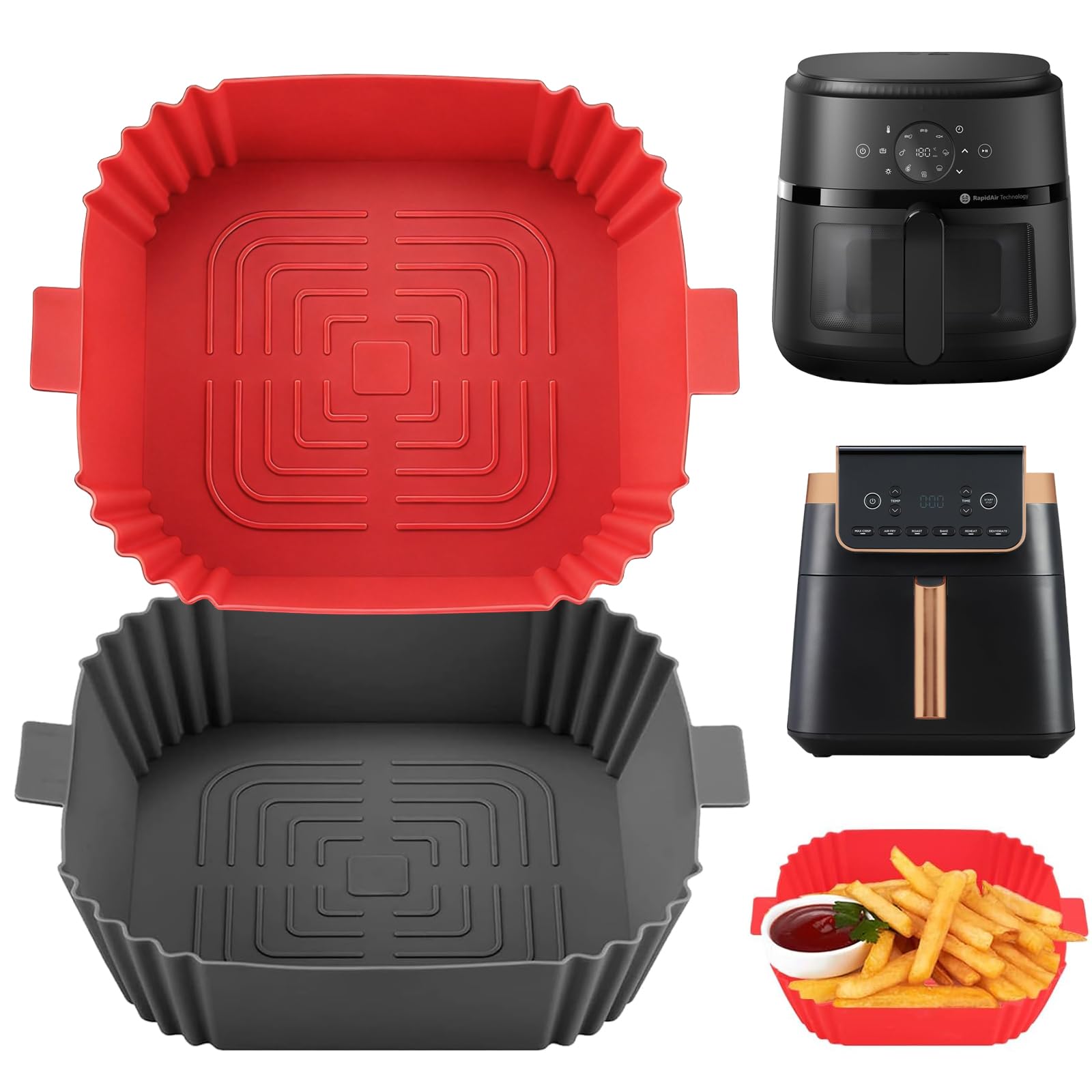 Silicone Air Fryer Liner-Air Fryer Accessories Square Air Fryer Liners Reusable,2pcs Airfryer Silicone Baking Tray Reusable Non-Stick Paper Pot Basket Pan Replacement