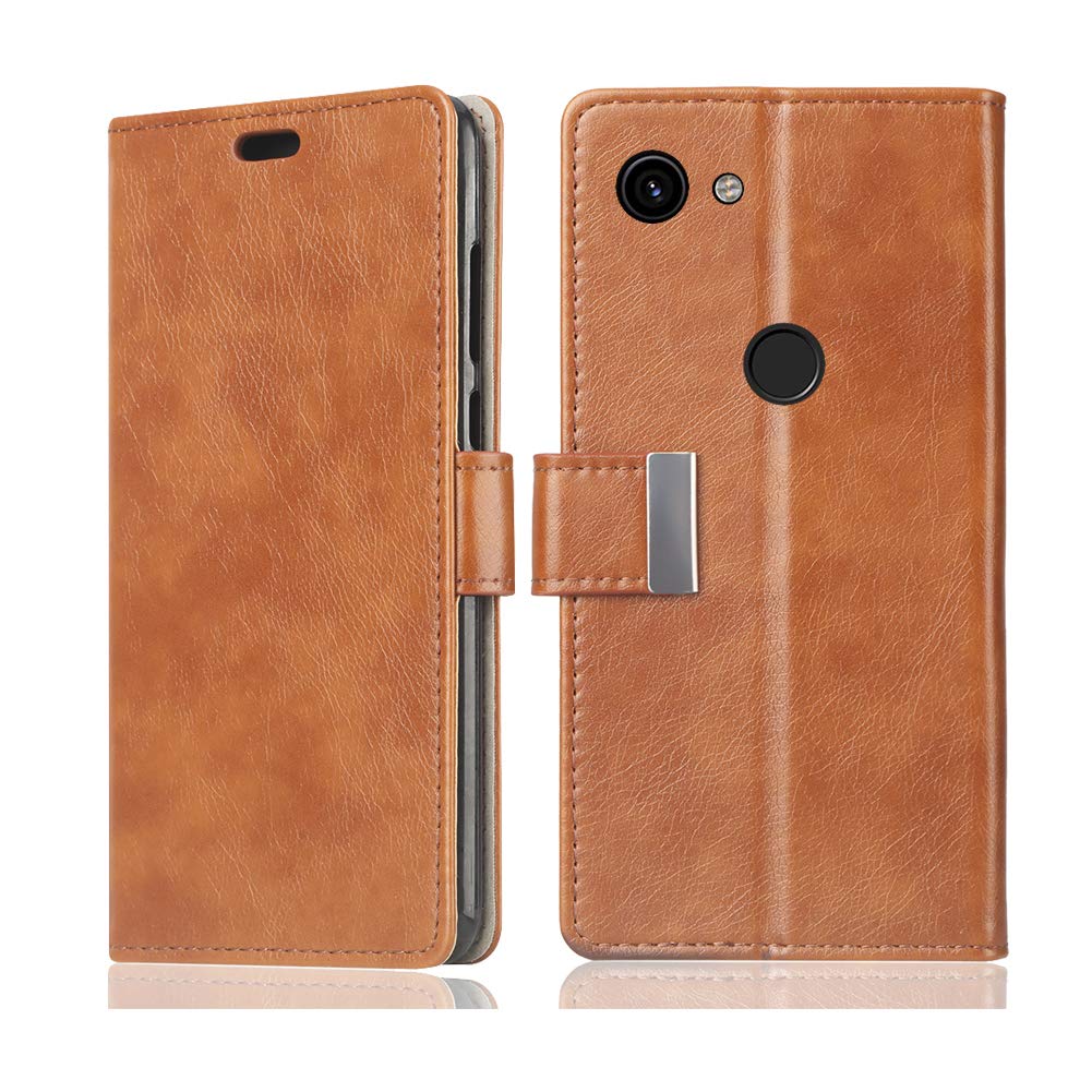 NTakia Case for [Google Pixel 3A], Premium PU Leather Slim Flip Protective [Magnetic Closure] [Card Slots & Stand] Wallet Case Cover - Brown