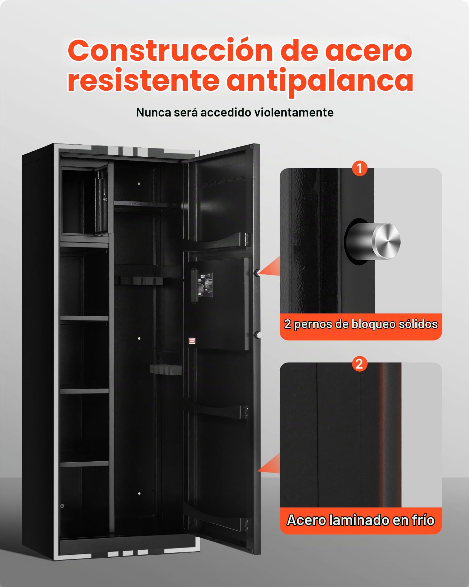 VEVOR Armario para Armas Largas con Cerradura con Llave y Contraseña, Caja Fuerte para 4 Rifles con 3 Ranuras para Munición y 2 Estantes Ajustables, 53,6 x 38,6 x 143 cm (Requiere Ensamblaje)