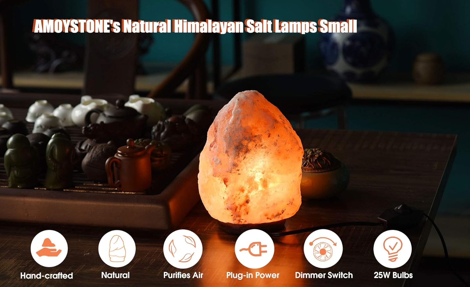 AMOYSTONE Portable Salt Lamp 6-7 Inch, Natural Himalayan Crystal with Wood Base & Dimmer(4-6 lbs)