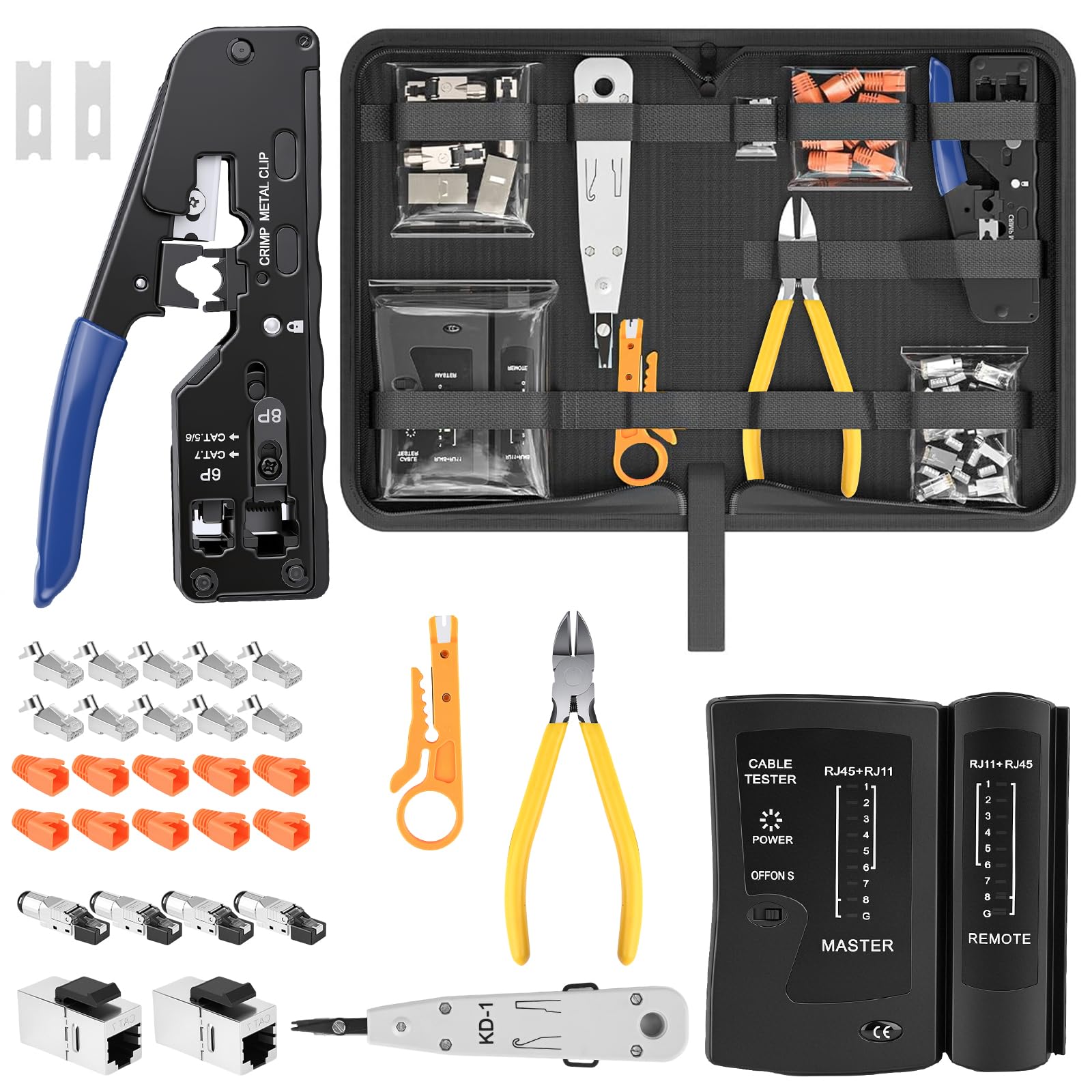 RJ45 Network Tool Kit, Sertisseuse Pass Through pour Cat7 Cat6 Cat5, Testeur de Câbles LAN, Outil LSA, 10 x RJ45 Plug, 4 x Sans Outil Prise Cat7, Pour RJ11 RJ12