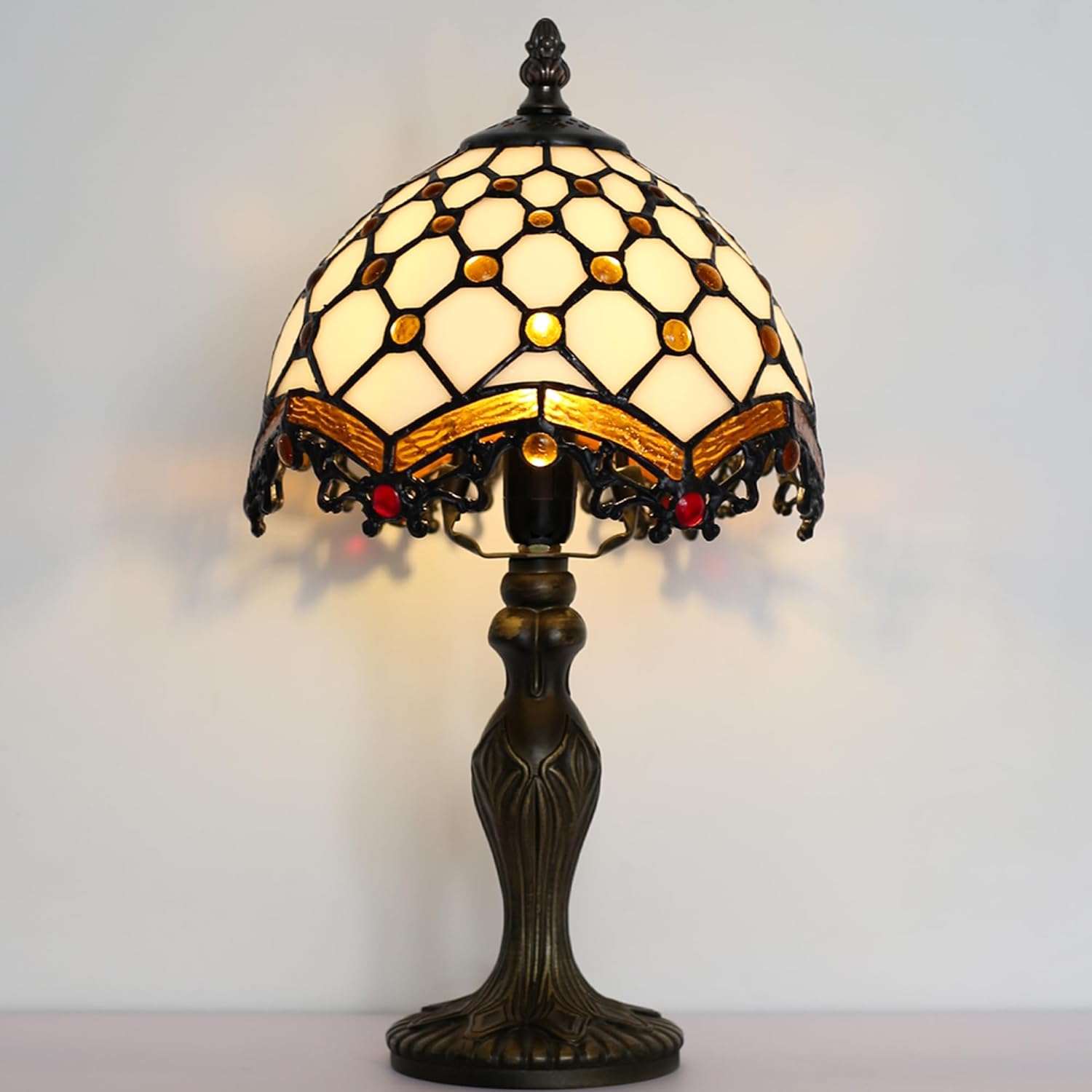 Tiffany Style Lamp Stained Glass Table Lamp 8 x 14.5” Mini Accent Light Phoenix Tail Beads Design Small Decorative Bedside Reading Memory Lamp