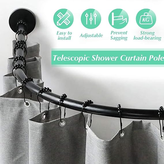 Shower Curtain Rod, Stretchable Corner Curtain Rod, Adjustable L Shaped Shower Curtain Rail, Drill Or No Drill Shower Curtain Poles for Bathroom, Bath (Size: 70-95 cm x 105-165 cm,Color:Black)
