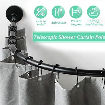 Shower Curtain Rod, Stretchable Corner Curtain Rod, Adjustable L Shaped Shower Curtain Rail, Drill Or No Drill Shower Curtain Poles for Bathroom, Bath (Size: 70-95 cm x 105-165 cm,Color:Black)