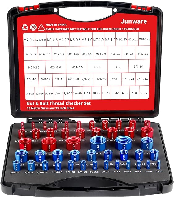 48Pcs Vérificateur de fils, vérificateur de fils d'écrous et de boulons, 25 1 cm & 23 Boîte métrique Jeu de filetage Gauge, Thread Checker Standard et métrique approprié pour le vérificateur de taille de boulons ou d'écrous dans les zones étroites, rouge & bleu