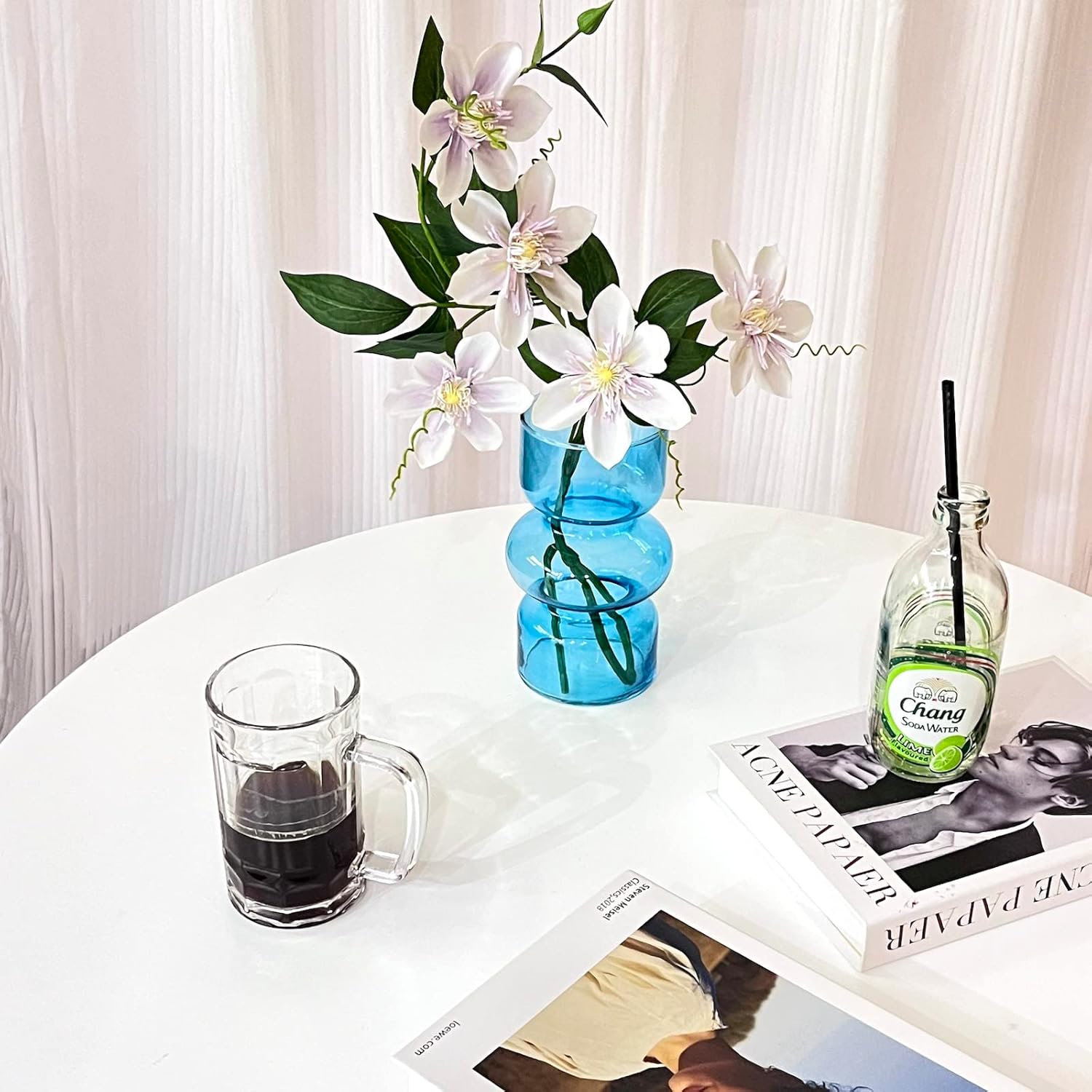 BLOFLO Blue Transparent Glass Hydroponic Vase, 7Inches Colored Glass Vase for Flower, Modern Geometric Three-Layer Floral Vases for Home Office Wedding Table Décor(Blue) - Image 2